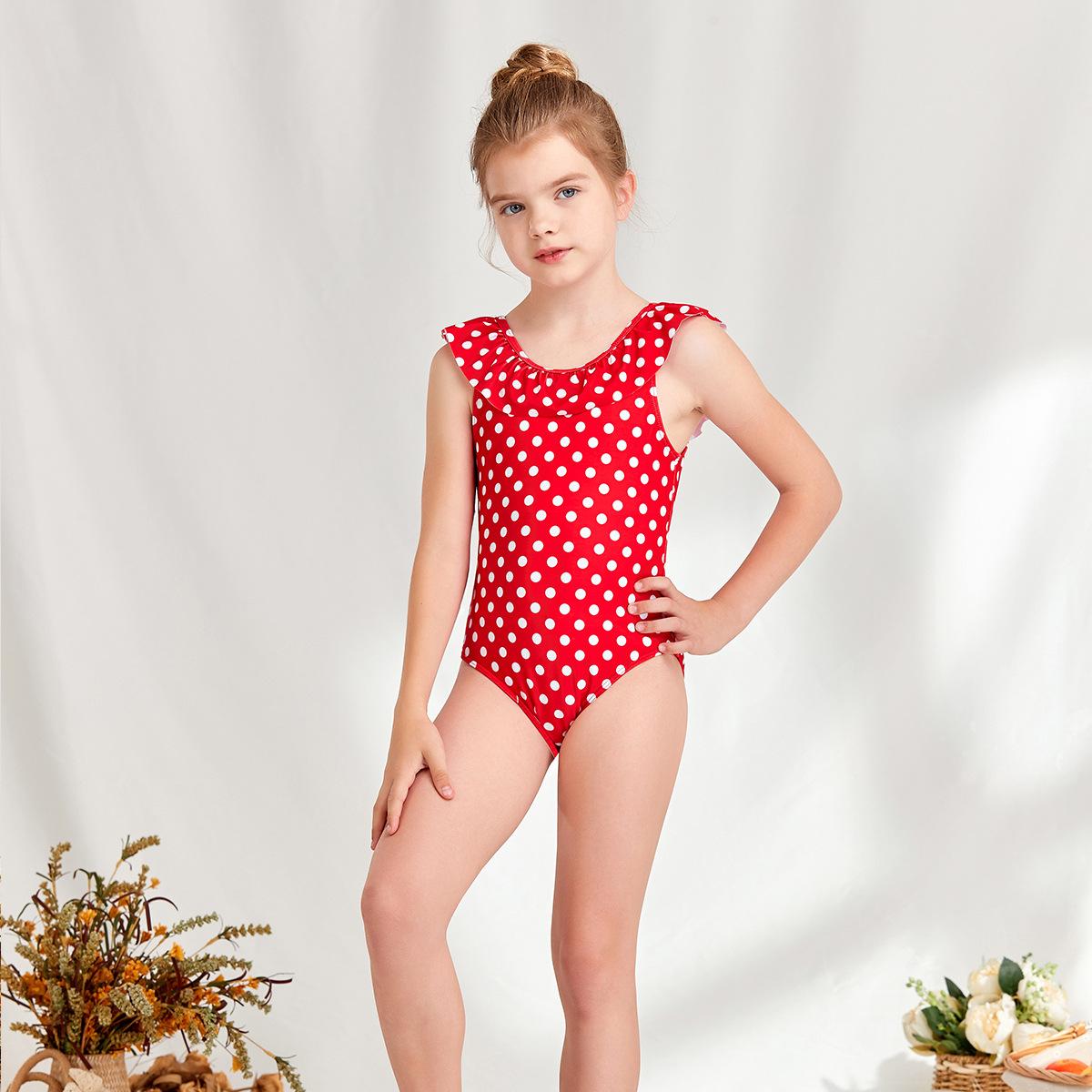 (image for) Girls Ruffle Polka‑Dot One‑Piece Swimsuit Kids Sleeveless Bathing Suit 130‑160