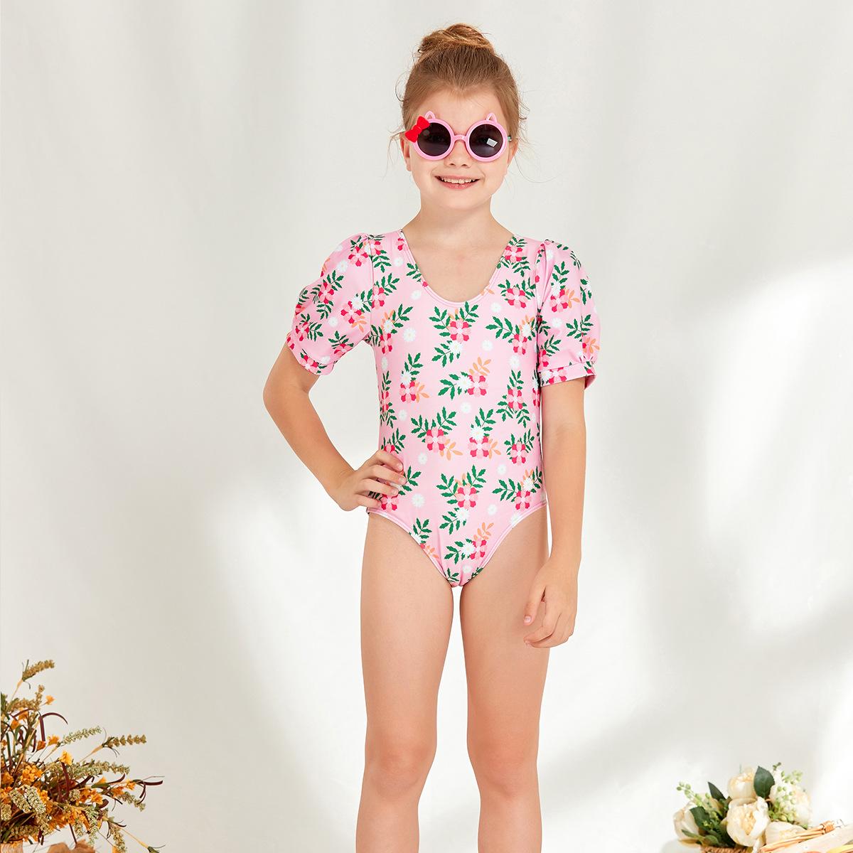 Girls Puff‑Sleeve Floral One‑Piece Swimsuit Kids V‑Neck Printed Bathing Suit 130‑160