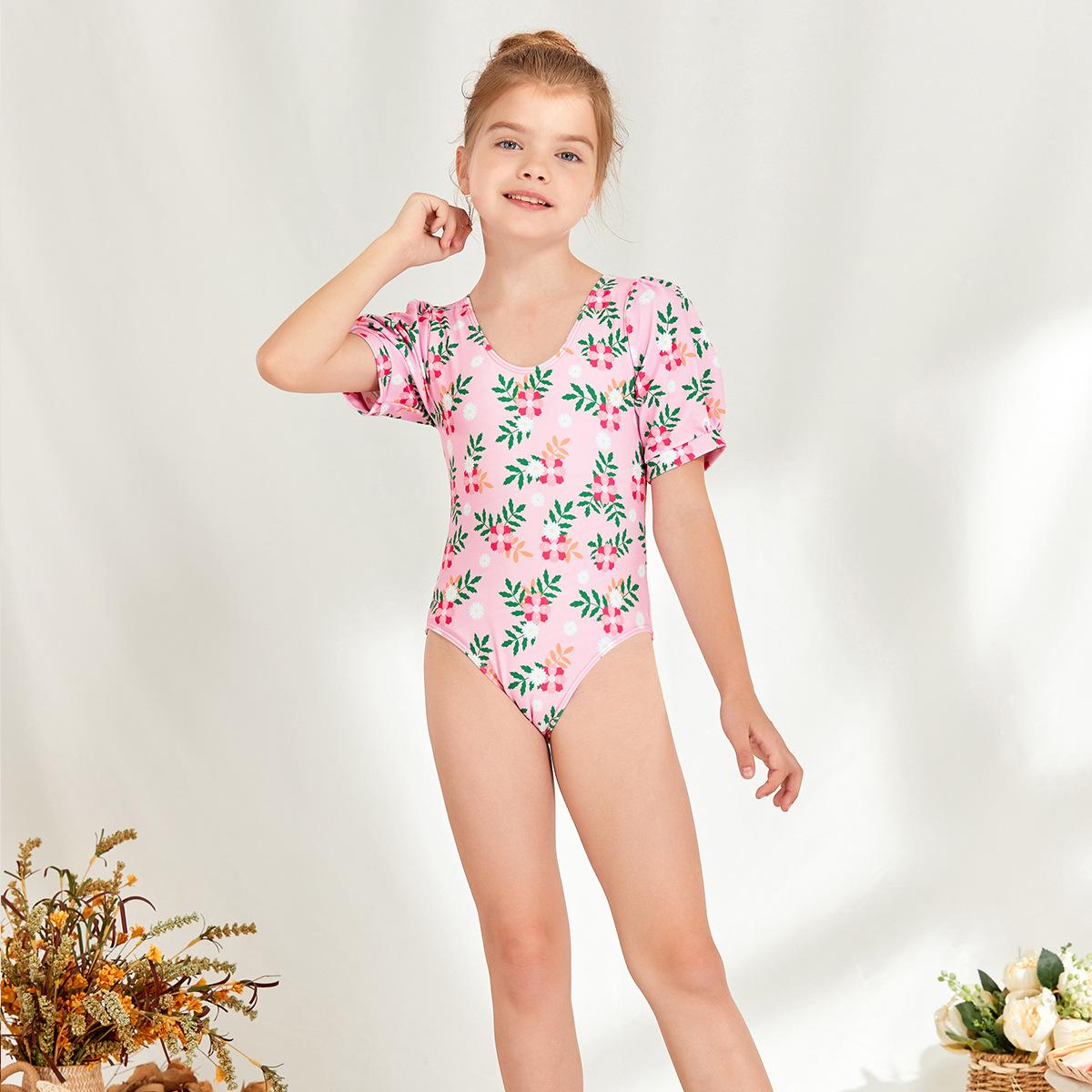 (image for) Girls Puff‑Sleeve Floral One‑Piece Swimsuit Kids V‑Neck Printed Bathing Suit 130‑160