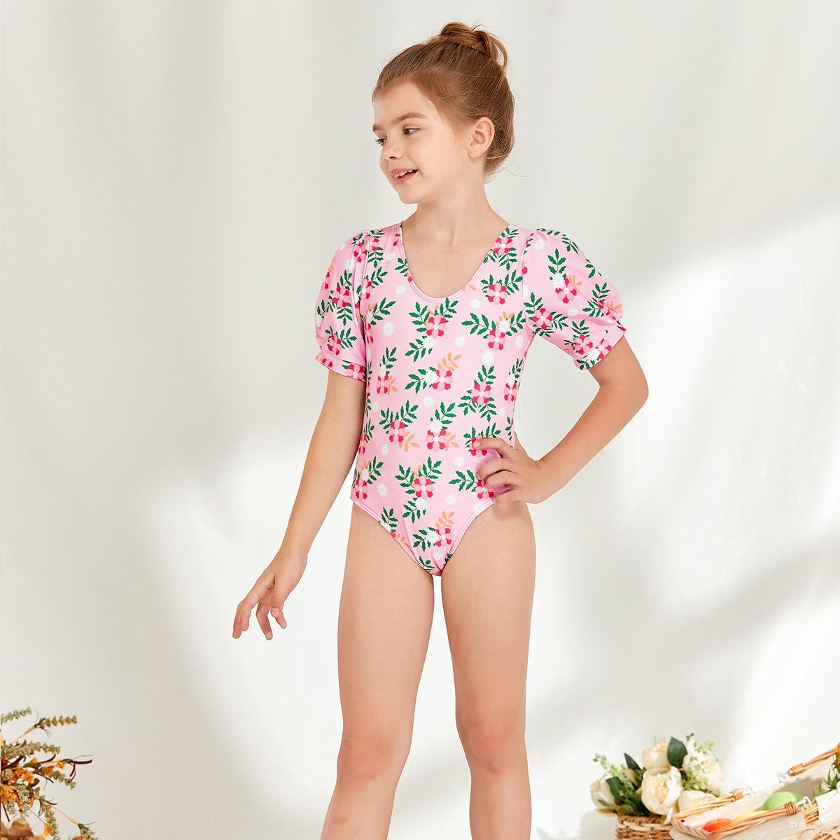 (image for) Girls Puff‑Sleeve Floral One‑Piece Swimsuit Kids V‑Neck Printed Bathing Suit 130‑160