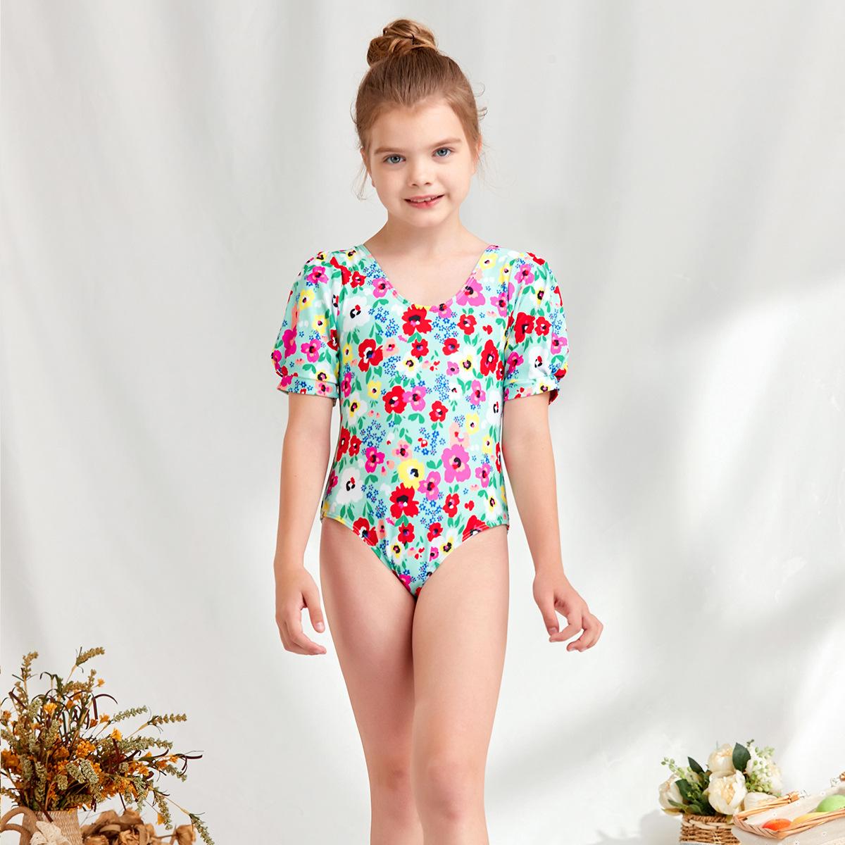 (image for) Girls Puff‑Sleeve Floral One‑Piece Swimsuit Kids V‑Neck Printed Bathing Suit 130‑160