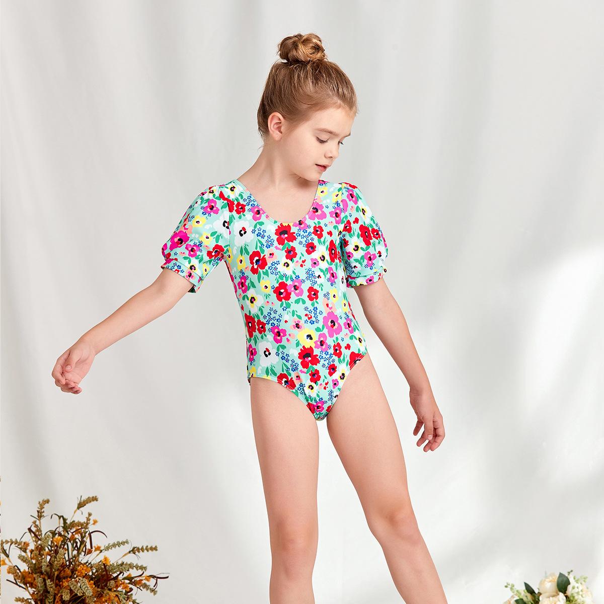 (image for) Girls Puff‑Sleeve Floral One‑Piece Swimsuit Kids V‑Neck Printed Bathing Suit 130‑160
