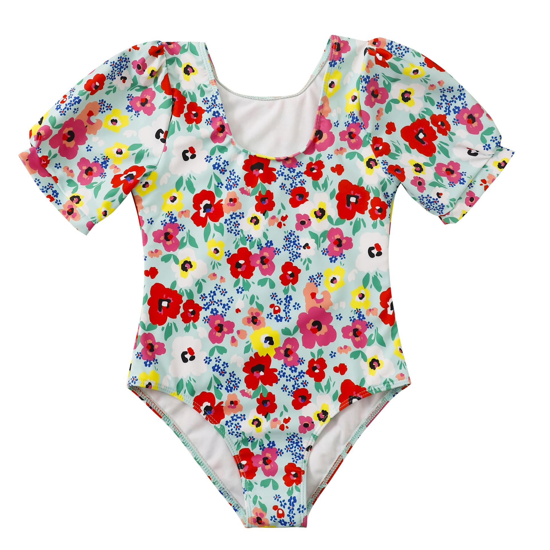 (image for) Girls Puff‑Sleeve Floral One‑Piece Swimsuit Kids V‑Neck Printed Bathing Suit 130‑160