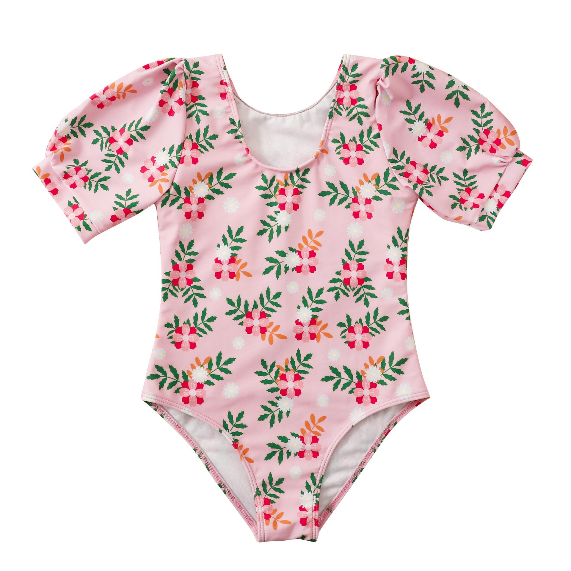 (image for) Girls Puff‑Sleeve Floral One‑Piece Swimsuit Kids V‑Neck Printed Bathing Suit 130‑160