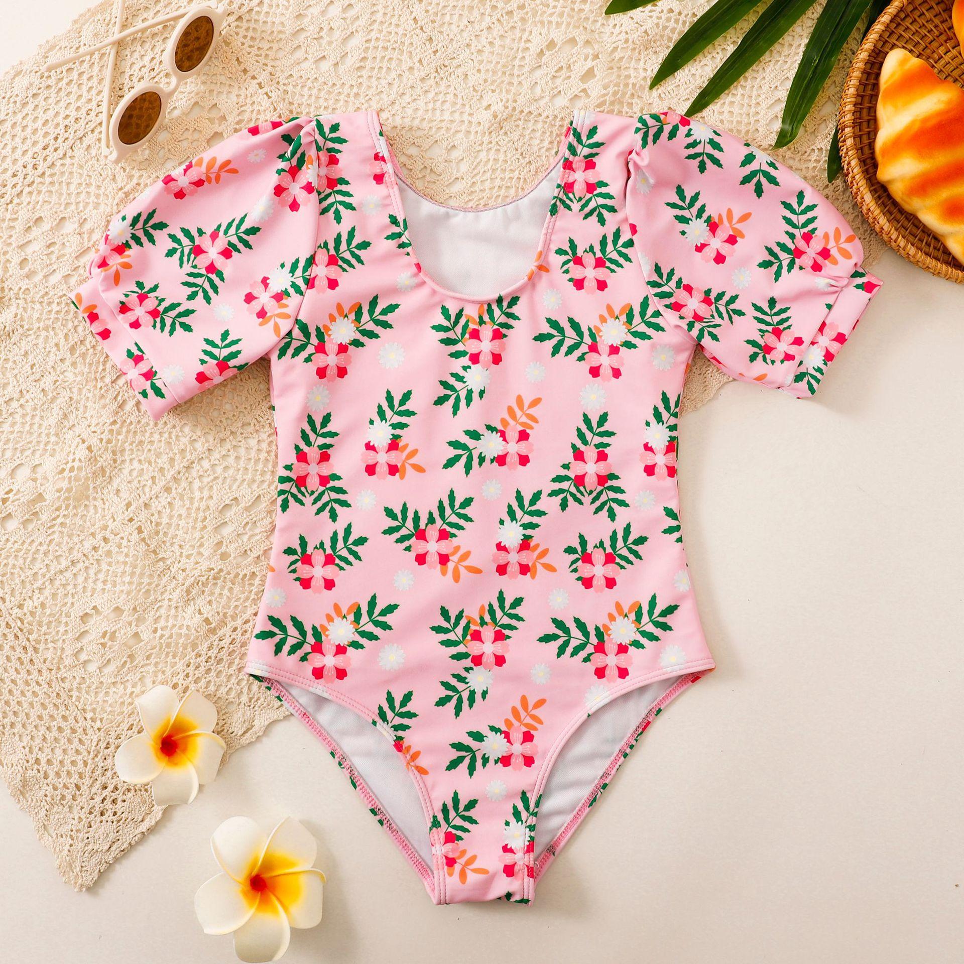 (image for) Girls Puff‑Sleeve Floral One‑Piece Swimsuit Kids V‑Neck Printed Bathing Suit 130‑160