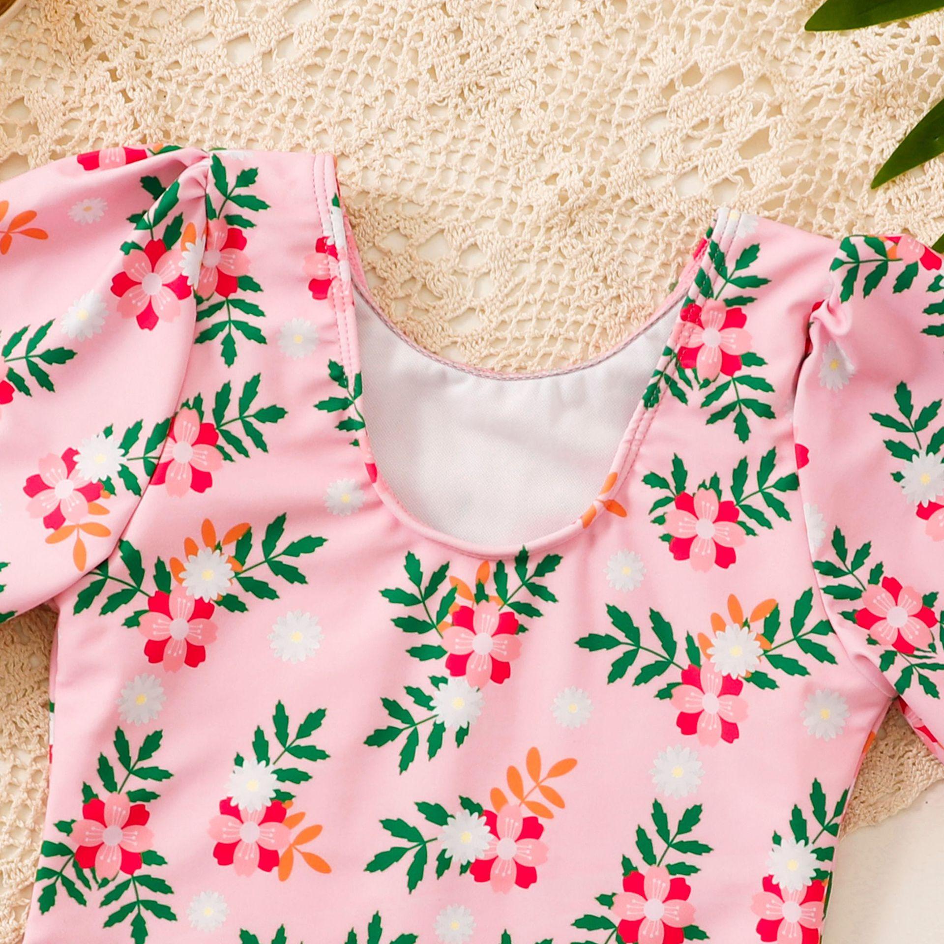 (image for) Girls Puff‑Sleeve Floral One‑Piece Swimsuit Kids V‑Neck Printed Bathing Suit 130‑160