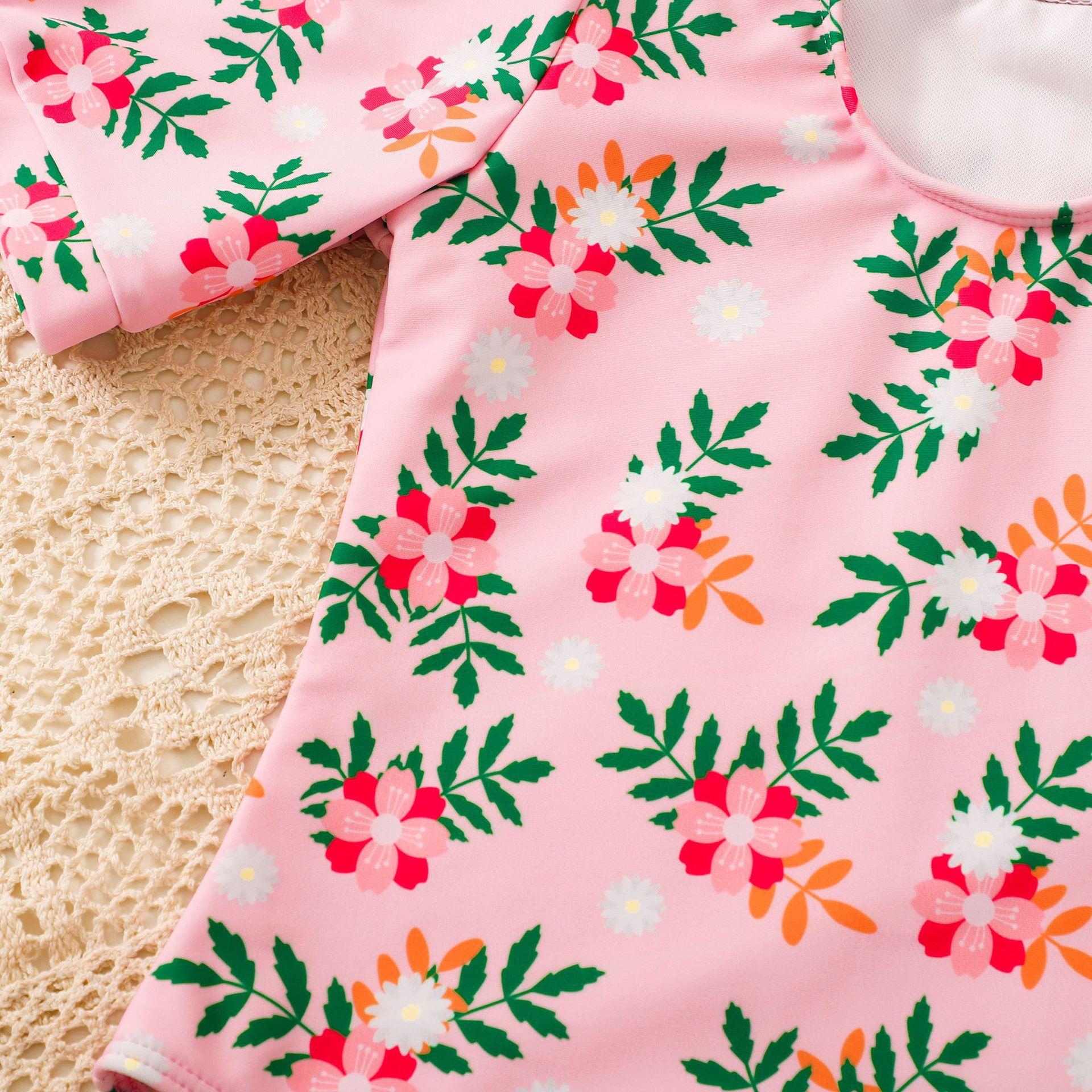 (image for) Girls Puff‑Sleeve Floral One‑Piece Swimsuit Kids V‑Neck Printed Bathing Suit 130‑160