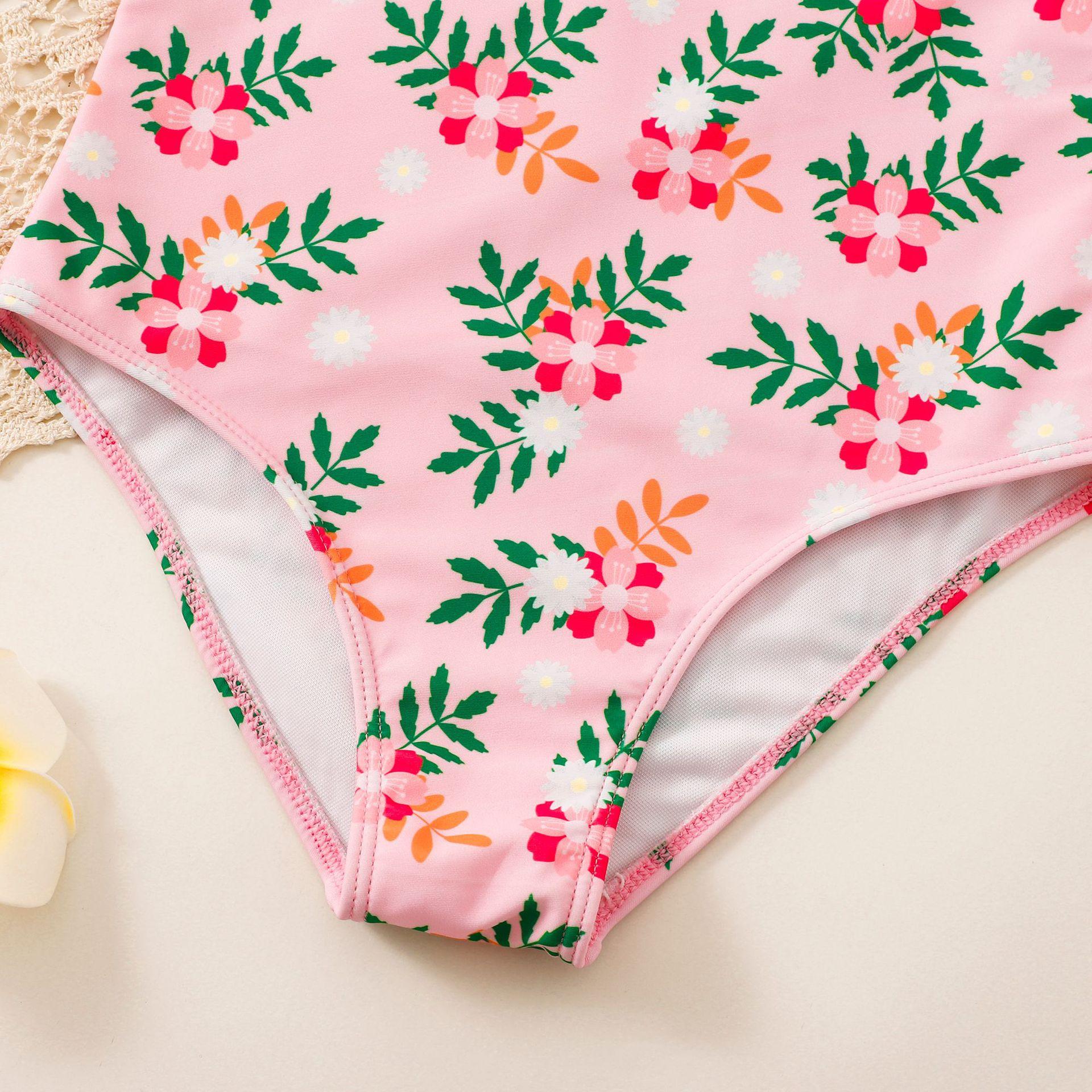 (image for) Girls Puff‑Sleeve Floral One‑Piece Swimsuit Kids V‑Neck Printed Bathing Suit 130‑160