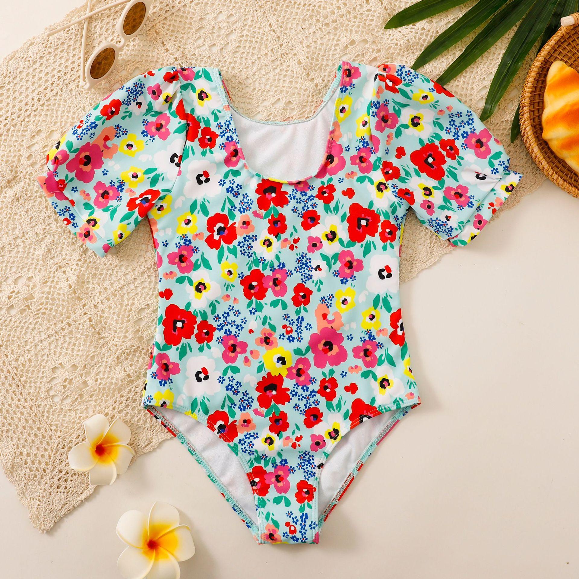 (image for) Girls Puff‑Sleeve Floral One‑Piece Swimsuit Kids V‑Neck Printed Bathing Suit 130‑160