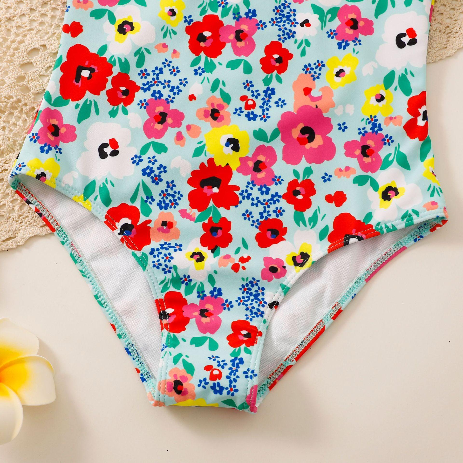 (image for) Girls Puff‑Sleeve Floral One‑Piece Swimsuit Kids V‑Neck Printed Bathing Suit 130‑160