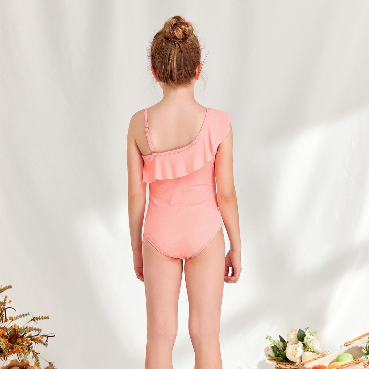 (image for) Girls One‑Shoulder Ruffle Solid One‑Piece Swimsuit Kids Spa Bathing Suit 130‑160