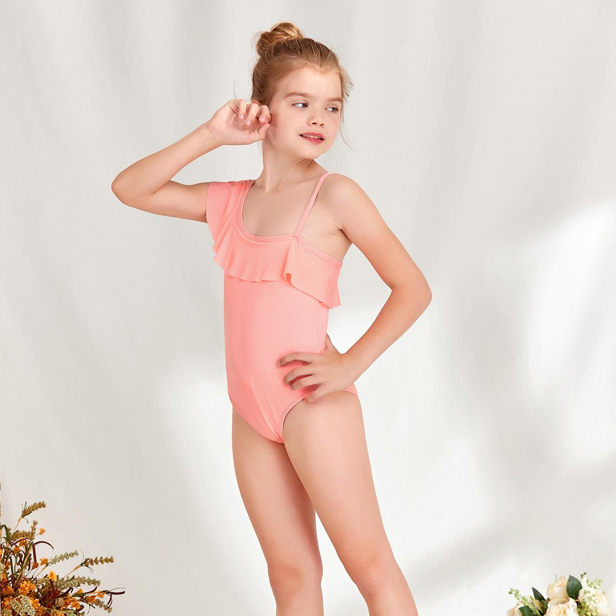 (image for) Girls One‑Shoulder Ruffle Solid One‑Piece Swimsuit Kids Spa Bathing Suit 130‑160