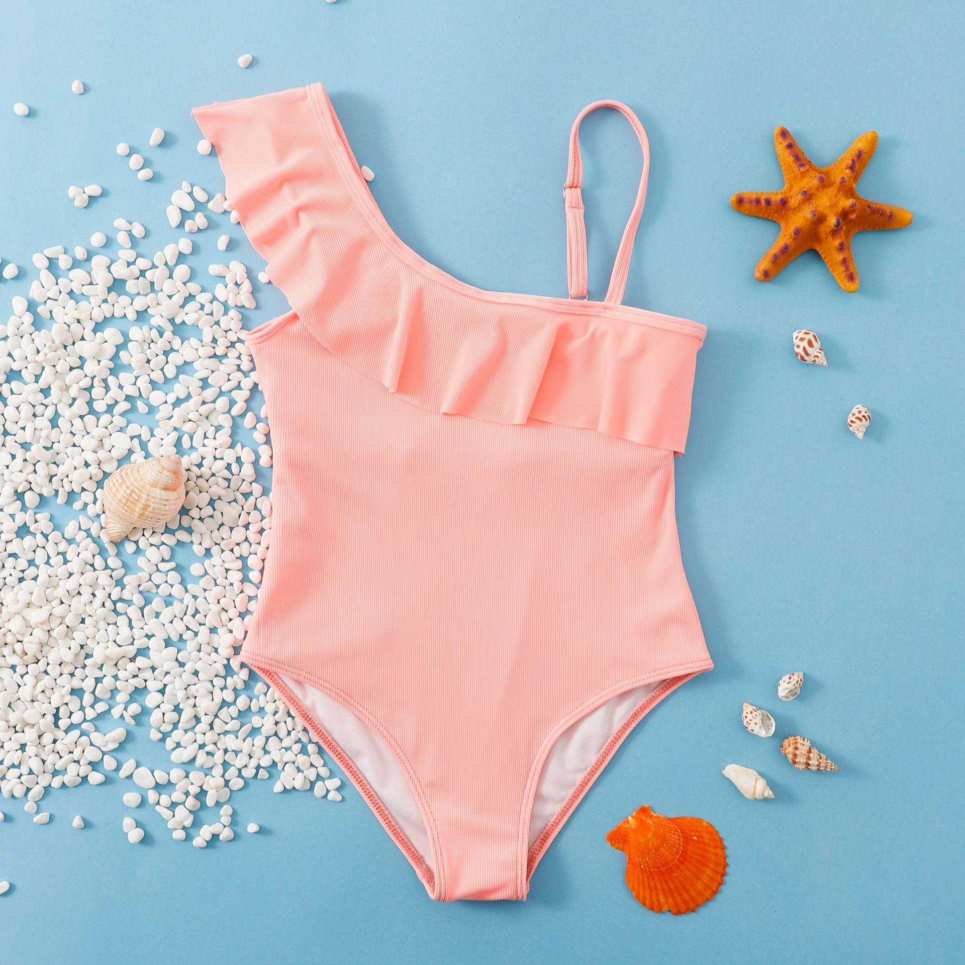 (image for) Girls One‑Shoulder Ruffle Solid One‑Piece Swimsuit Kids Spa Bathing Suit 130‑160