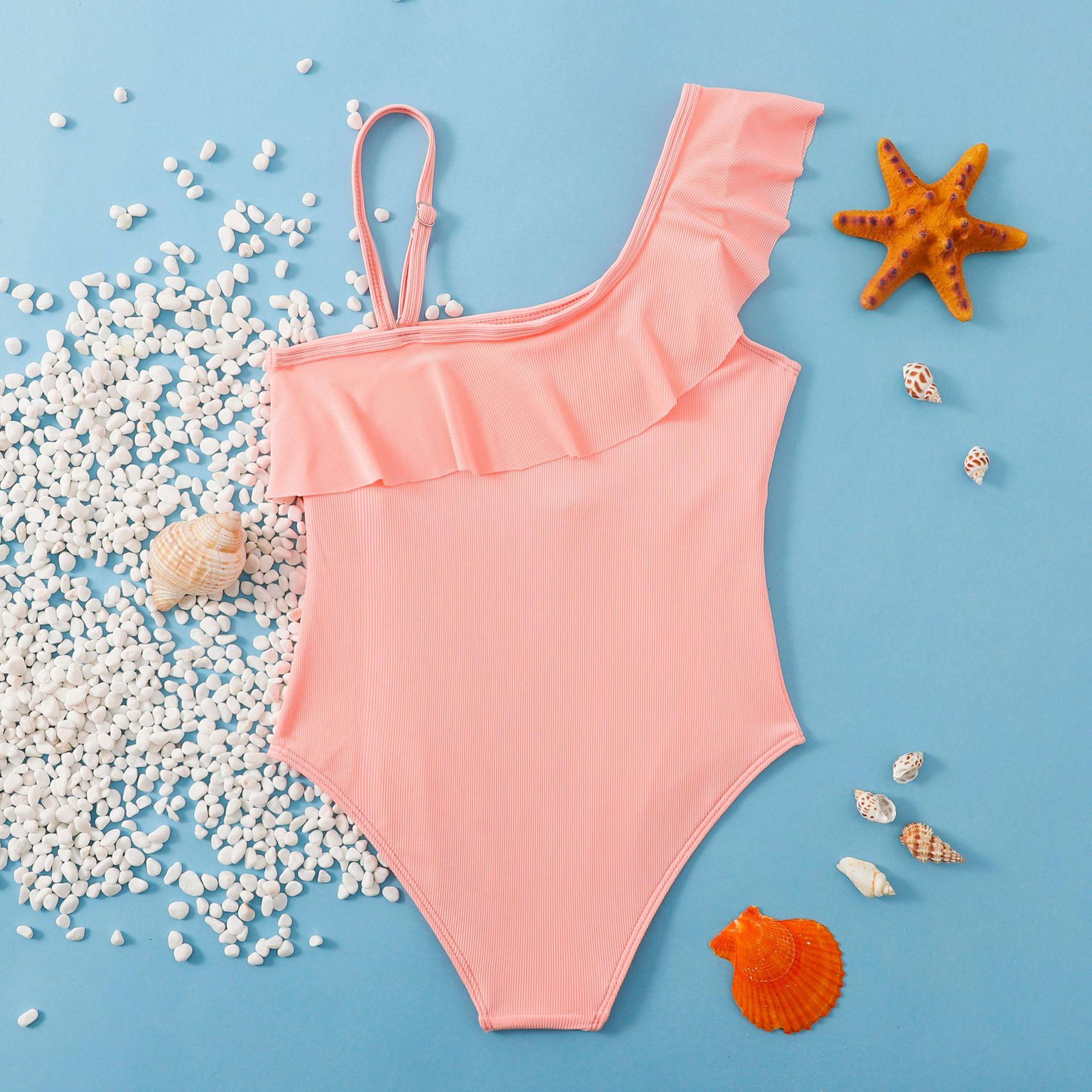 (image for) Girls One‑Shoulder Ruffle Solid One‑Piece Swimsuit Kids Spa Bathing Suit 130‑160