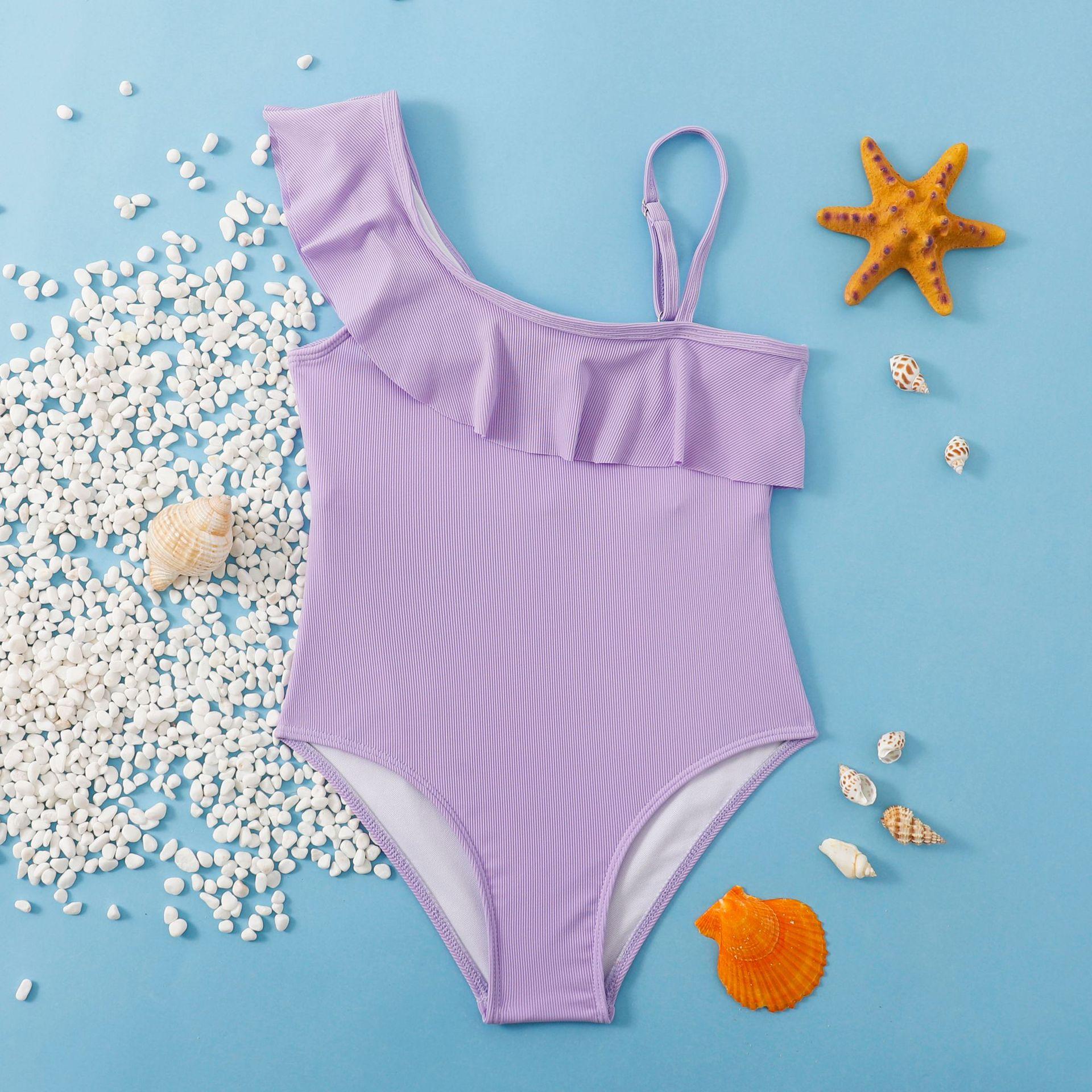 (image for) Girls One‑Shoulder Ruffle Solid One‑Piece Swimsuit Kids Spa Bathing Suit 130‑160