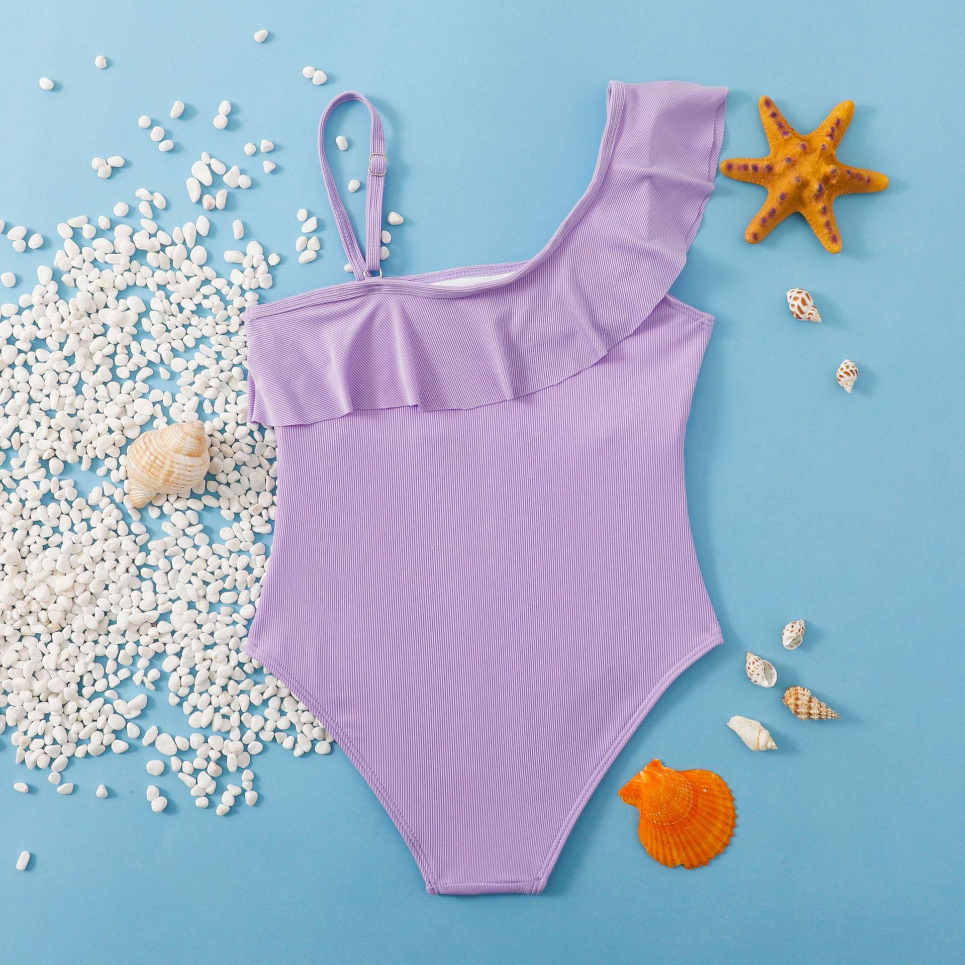(image for) Girls One‑Shoulder Ruffle Solid One‑Piece Swimsuit Kids Spa Bathing Suit 130‑160