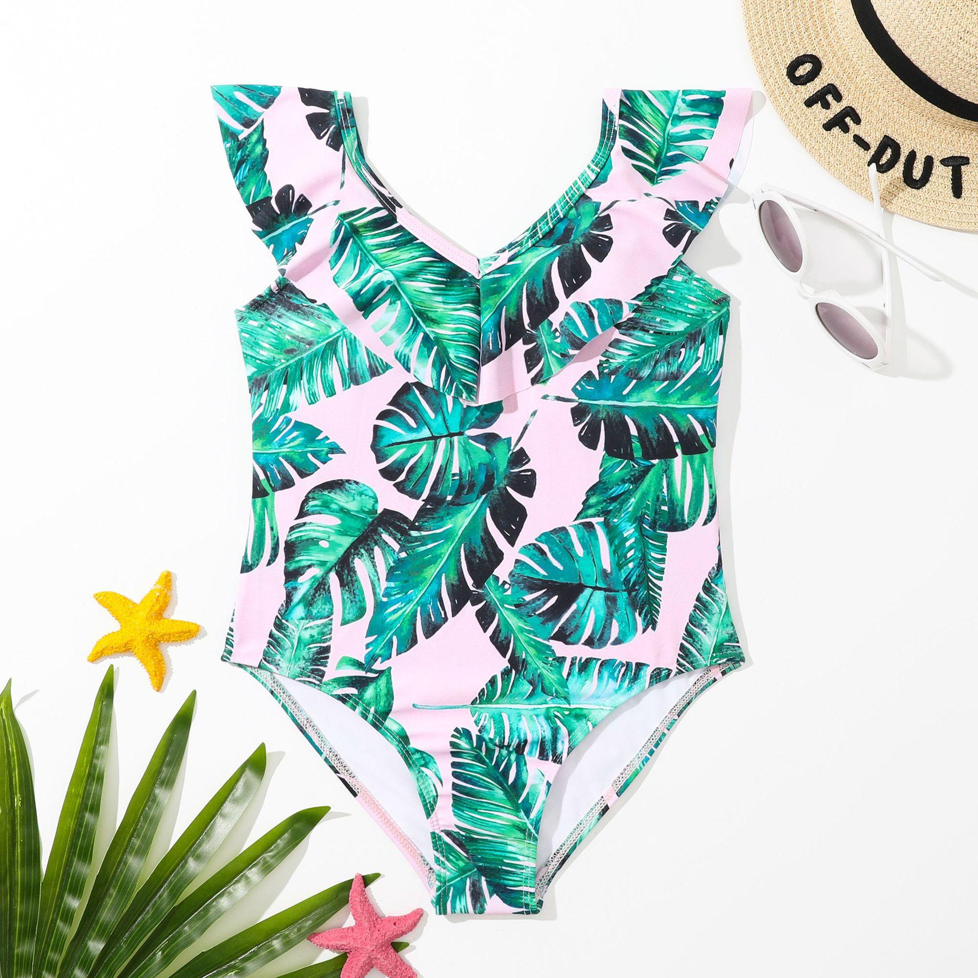 (image for) Girls Leaf‑Print Ruffle One‑Piece Swimsuit Kids One‑Piece Bathing Suit 130‑160