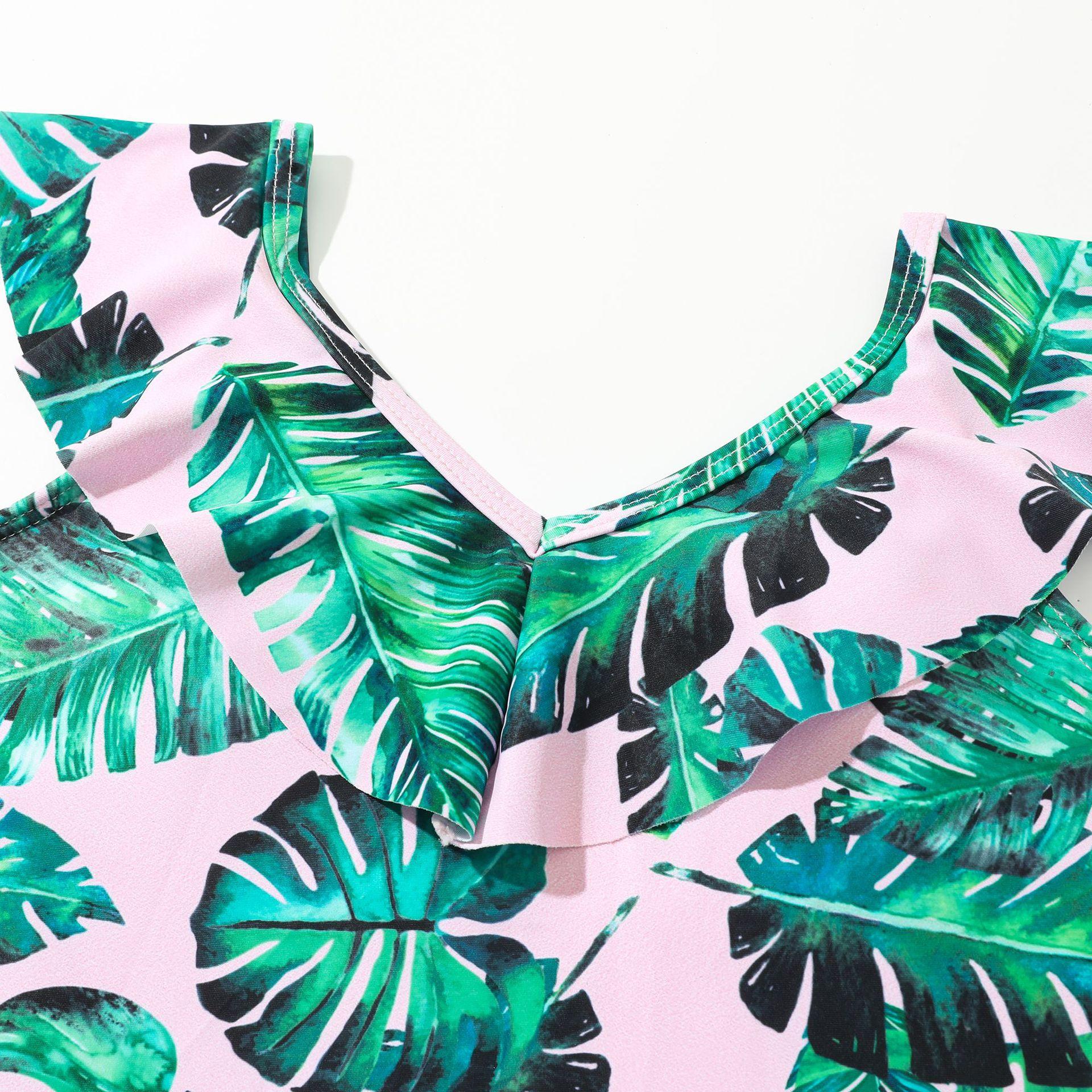 (image for) Girls Leaf‑Print Ruffle One‑Piece Swimsuit Kids One‑Piece Bathing Suit 130‑160