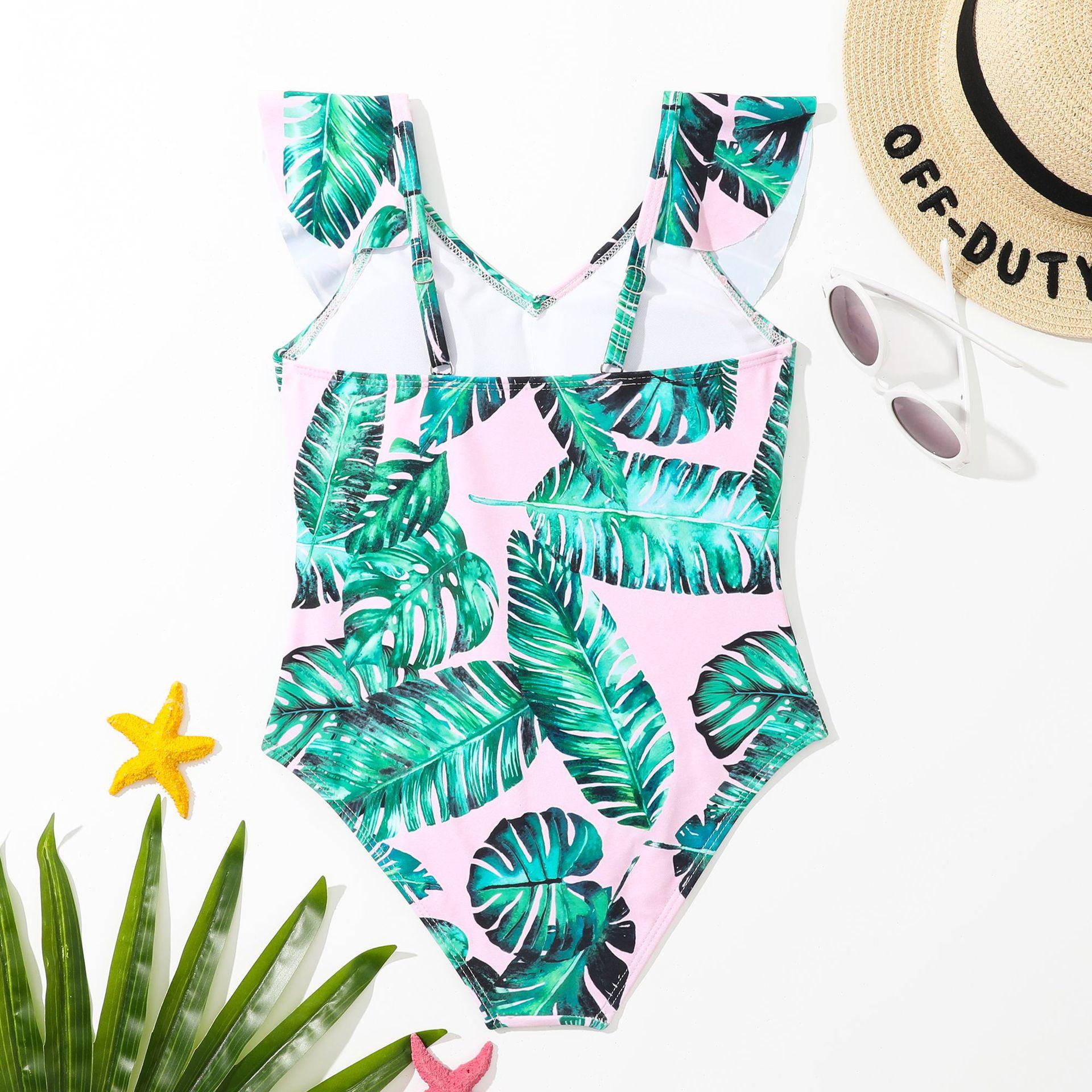 (image for) Girls Leaf‑Print Ruffle One‑Piece Swimsuit Kids One‑Piece Bathing Suit 130‑160