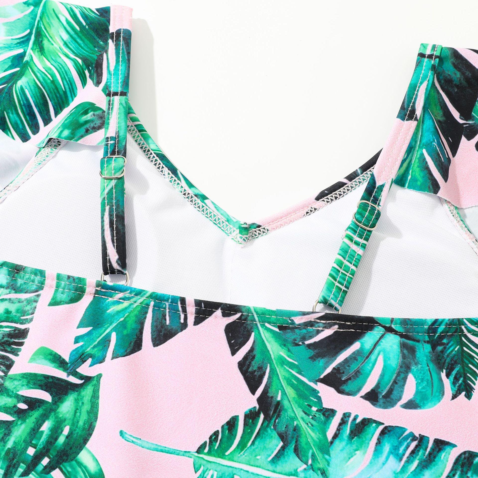 (image for) Girls Leaf‑Print Ruffle One‑Piece Swimsuit Kids One‑Piece Bathing Suit 130‑160