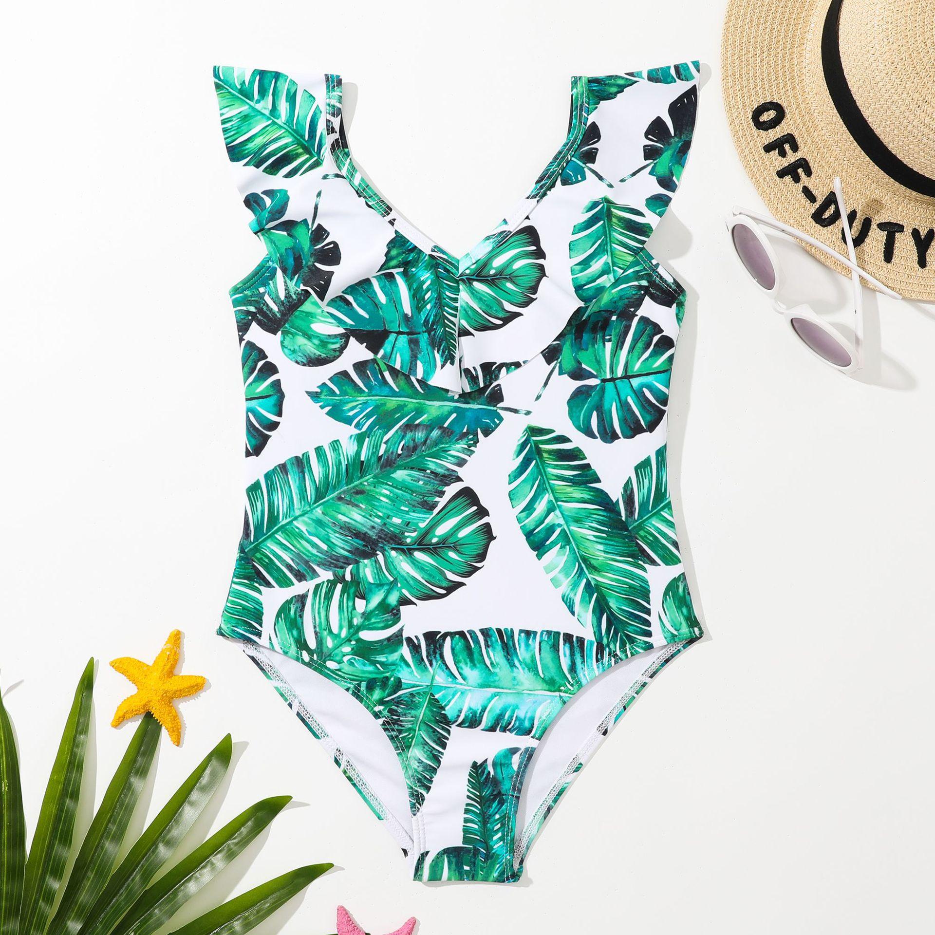 (image for) Girls Leaf‑Print Ruffle One‑Piece Swimsuit Kids One‑Piece Bathing Suit 130‑160