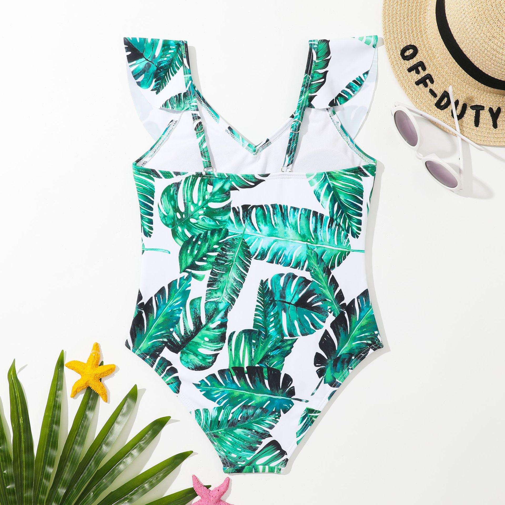 (image for) Girls Leaf‑Print Ruffle One‑Piece Swimsuit Kids One‑Piece Bathing Suit 130‑160