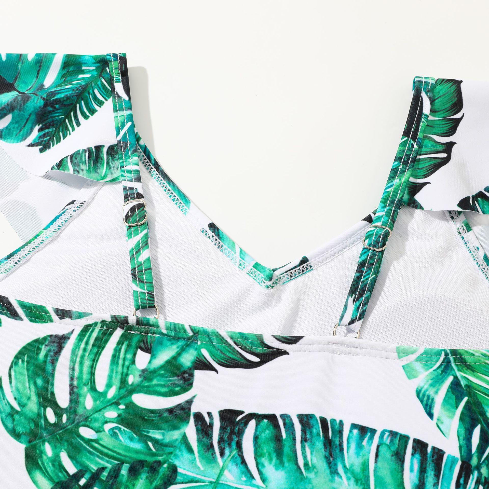 (image for) Girls Leaf‑Print Ruffle One‑Piece Swimsuit Kids One‑Piece Bathing Suit 130‑160
