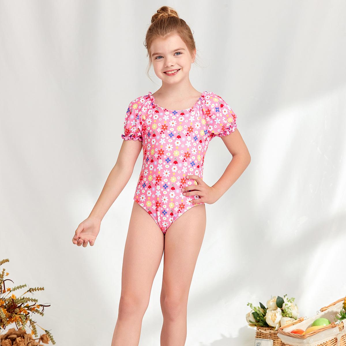 Girls Puff‑Sleeve Floral One‑Piece Swimsuit Kids Cute Printed Bathing Suit 130‑160