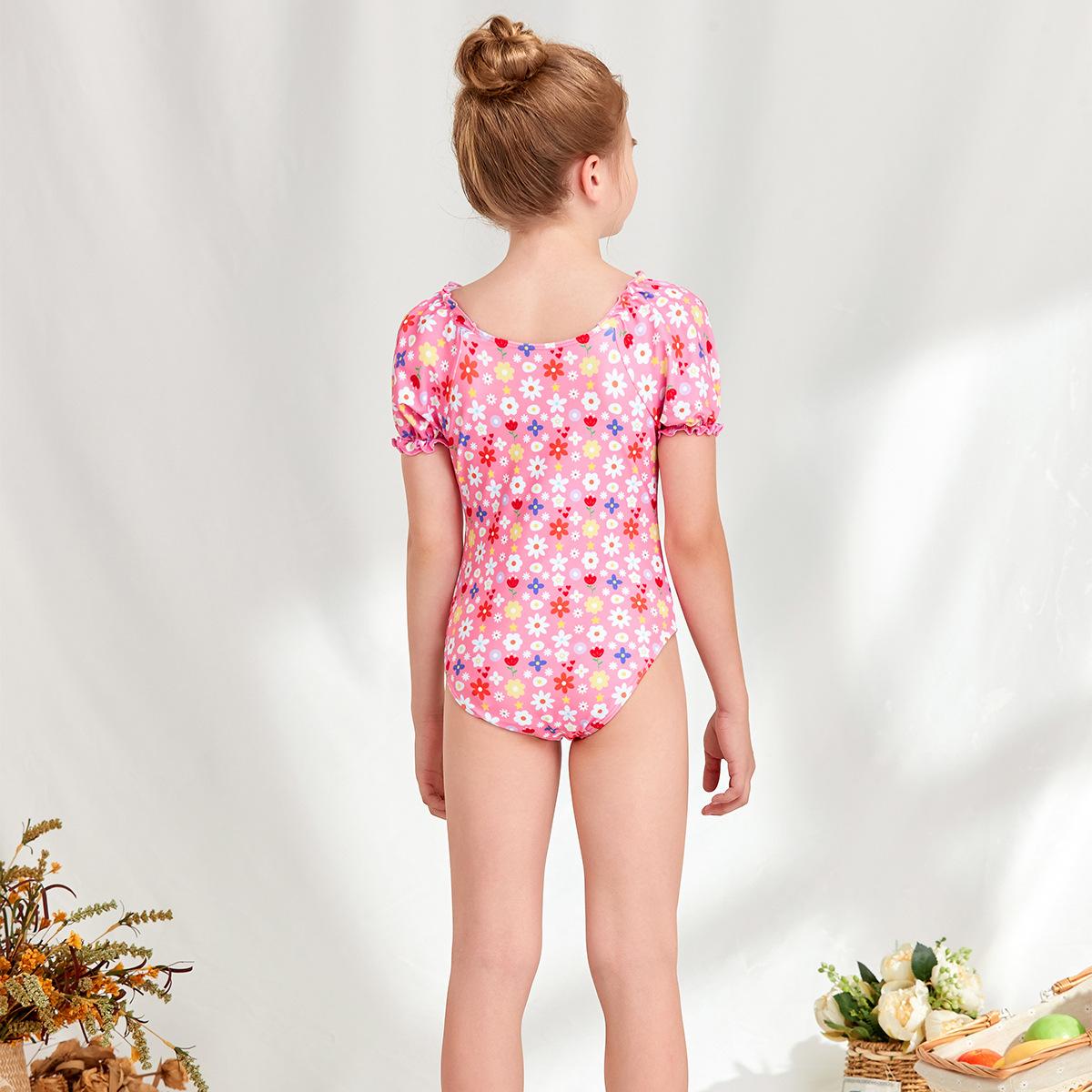 (image for) Girls Puff‑Sleeve Floral One‑Piece Swimsuit Kids Cute Printed Bathing Suit 130‑160