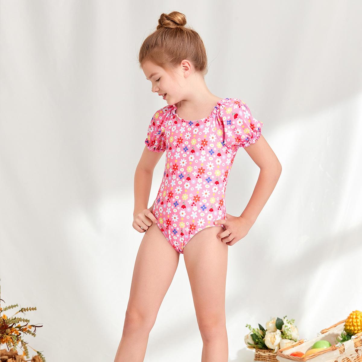 (image for) Girls Puff‑Sleeve Floral One‑Piece Swimsuit Kids Cute Printed Bathing Suit 130‑160