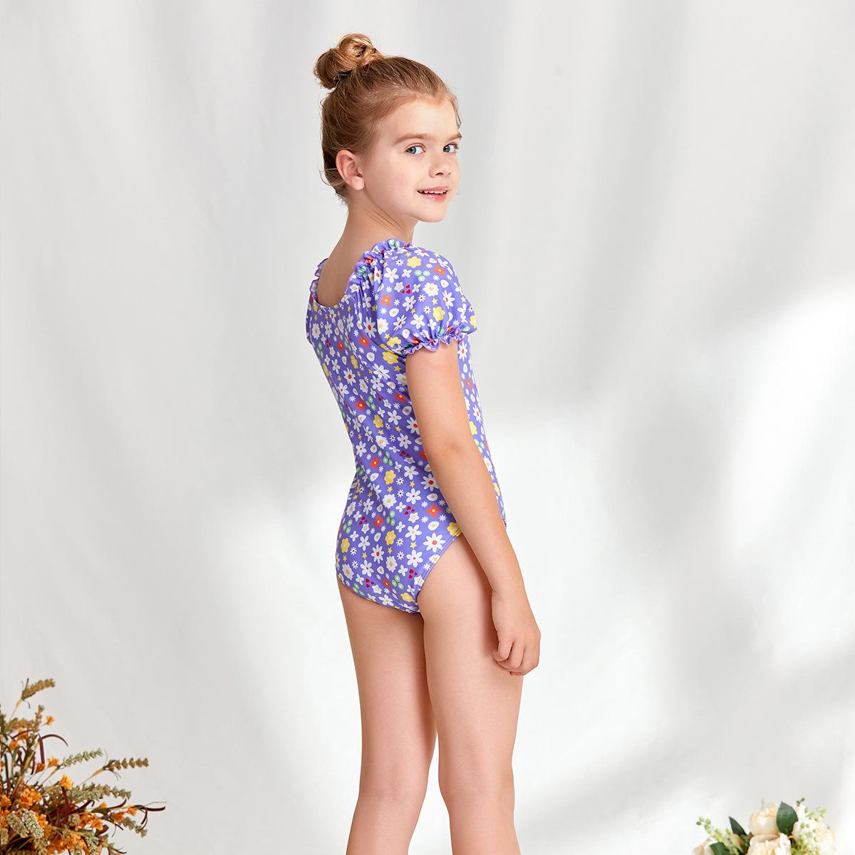 (image for) Girls Puff‑Sleeve Floral One‑Piece Swimsuit Kids Cute Printed Bathing Suit 130‑160