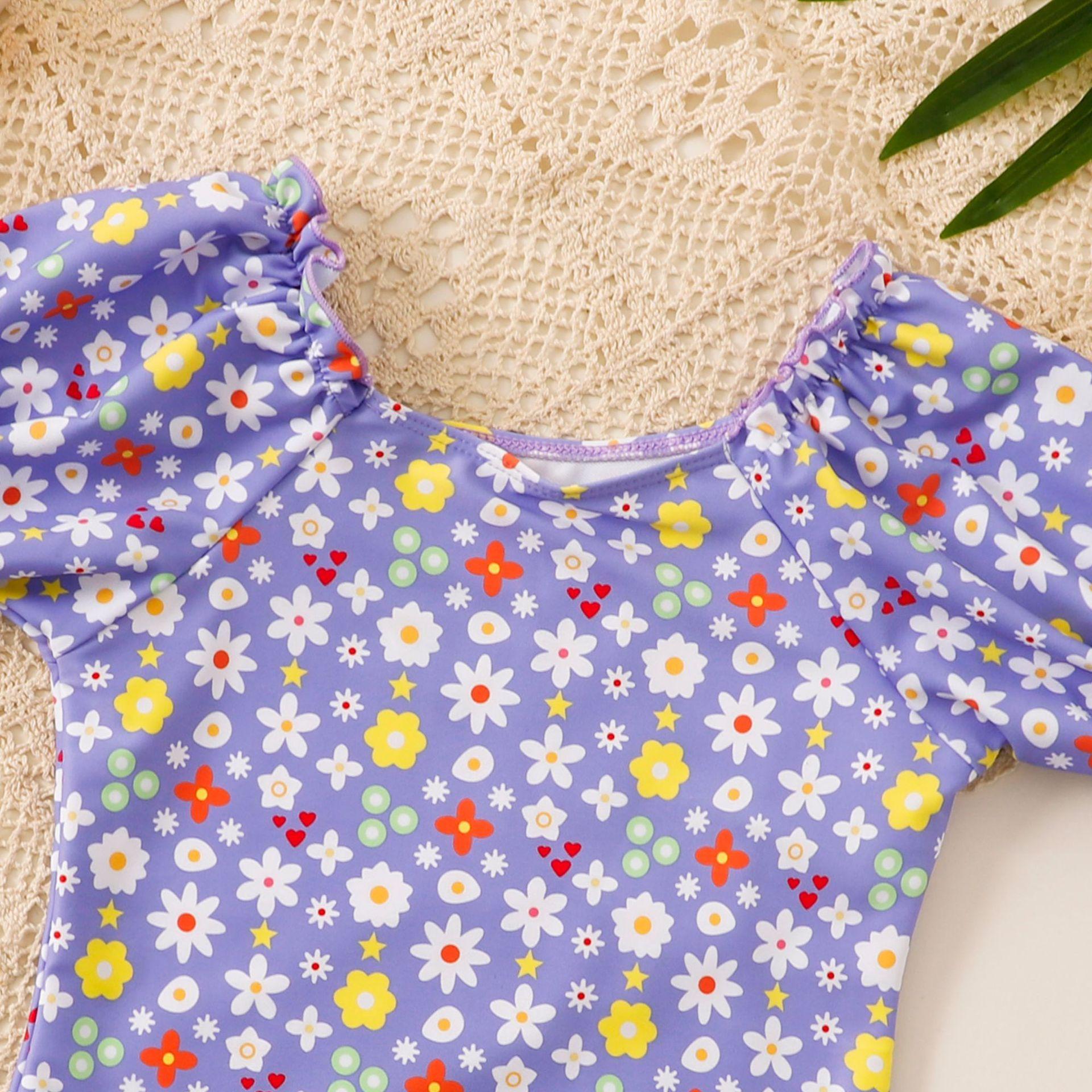 (image for) Girls Puff‑Sleeve Floral One‑Piece Swimsuit Kids Cute Printed Bathing Suit 130‑160