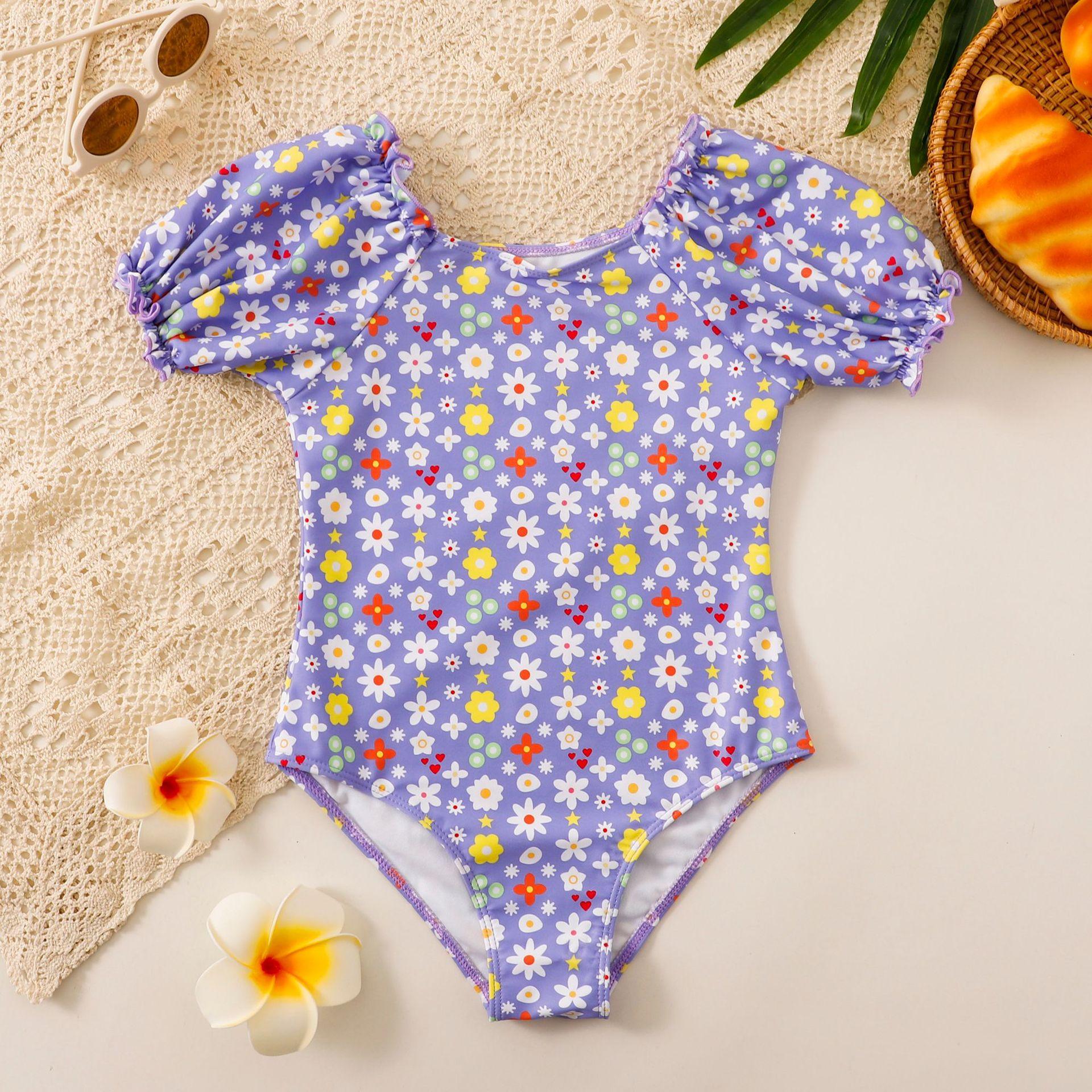 (image for) Girls Puff‑Sleeve Floral One‑Piece Swimsuit Kids Cute Printed Bathing Suit 130‑160