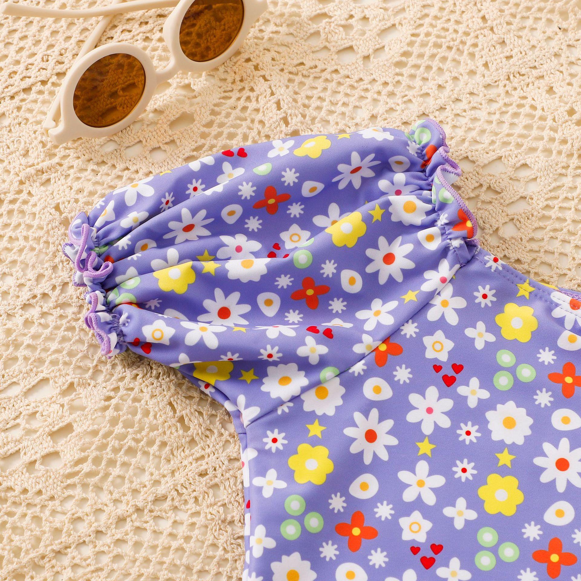 (image for) Girls Puff‑Sleeve Floral One‑Piece Swimsuit Kids Cute Printed Bathing Suit 130‑160