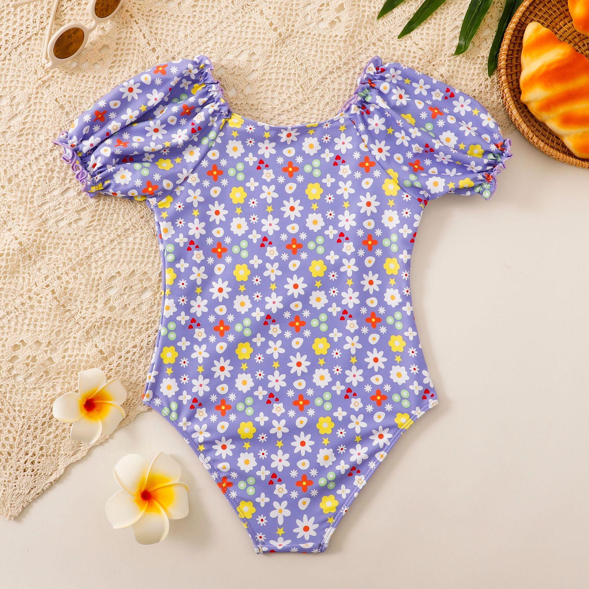 (image for) Girls Puff‑Sleeve Floral One‑Piece Swimsuit Kids Cute Printed Bathing Suit 130‑160