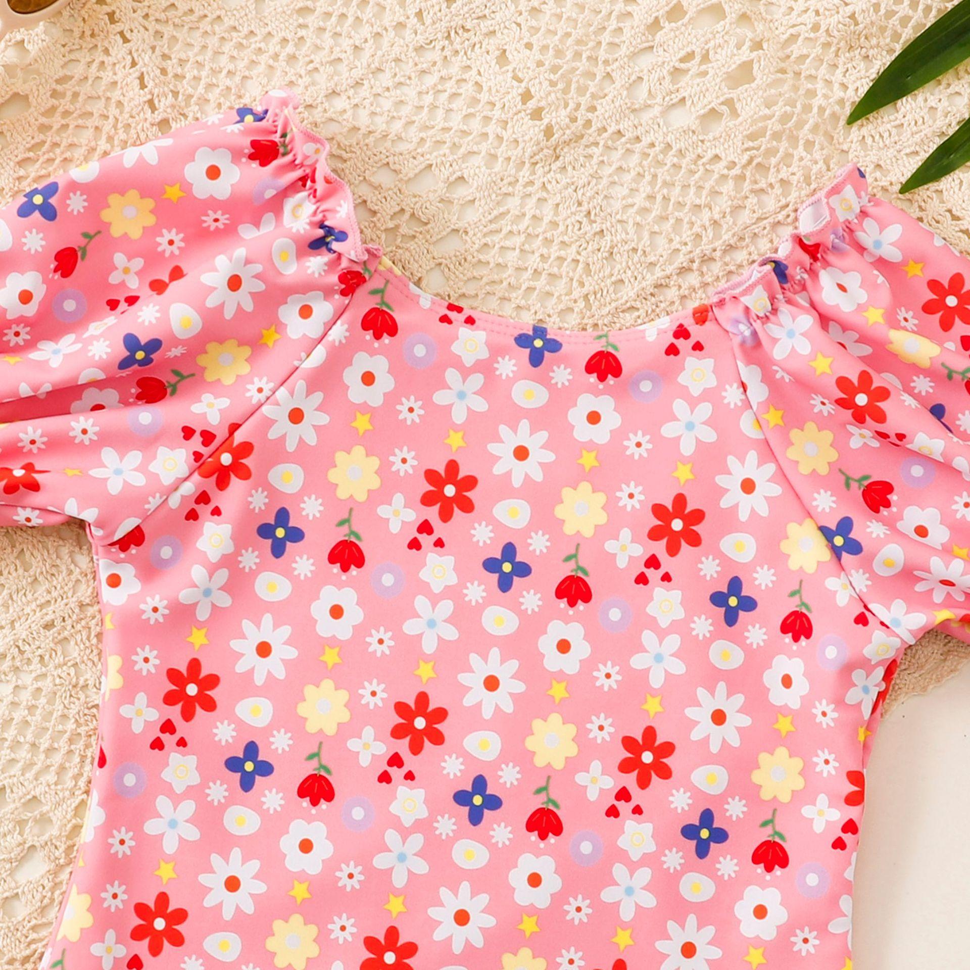 (image for) Girls Puff‑Sleeve Floral One‑Piece Swimsuit Kids Cute Printed Bathing Suit 130‑160