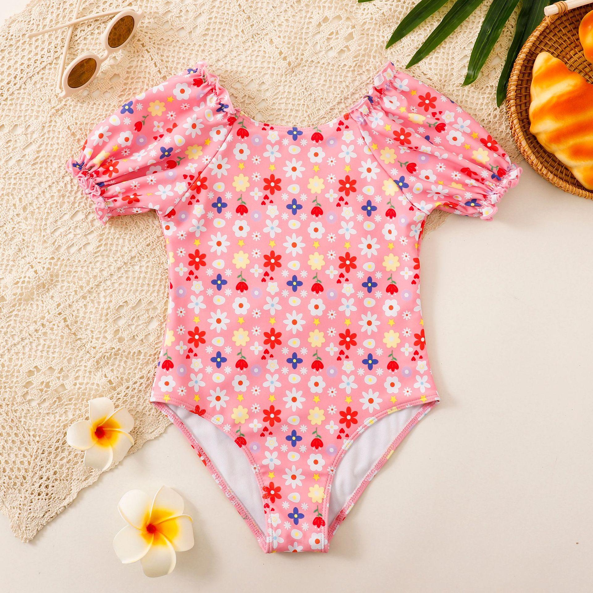 (image for) Girls Puff‑Sleeve Floral One‑Piece Swimsuit Kids Cute Printed Bathing Suit 130‑160