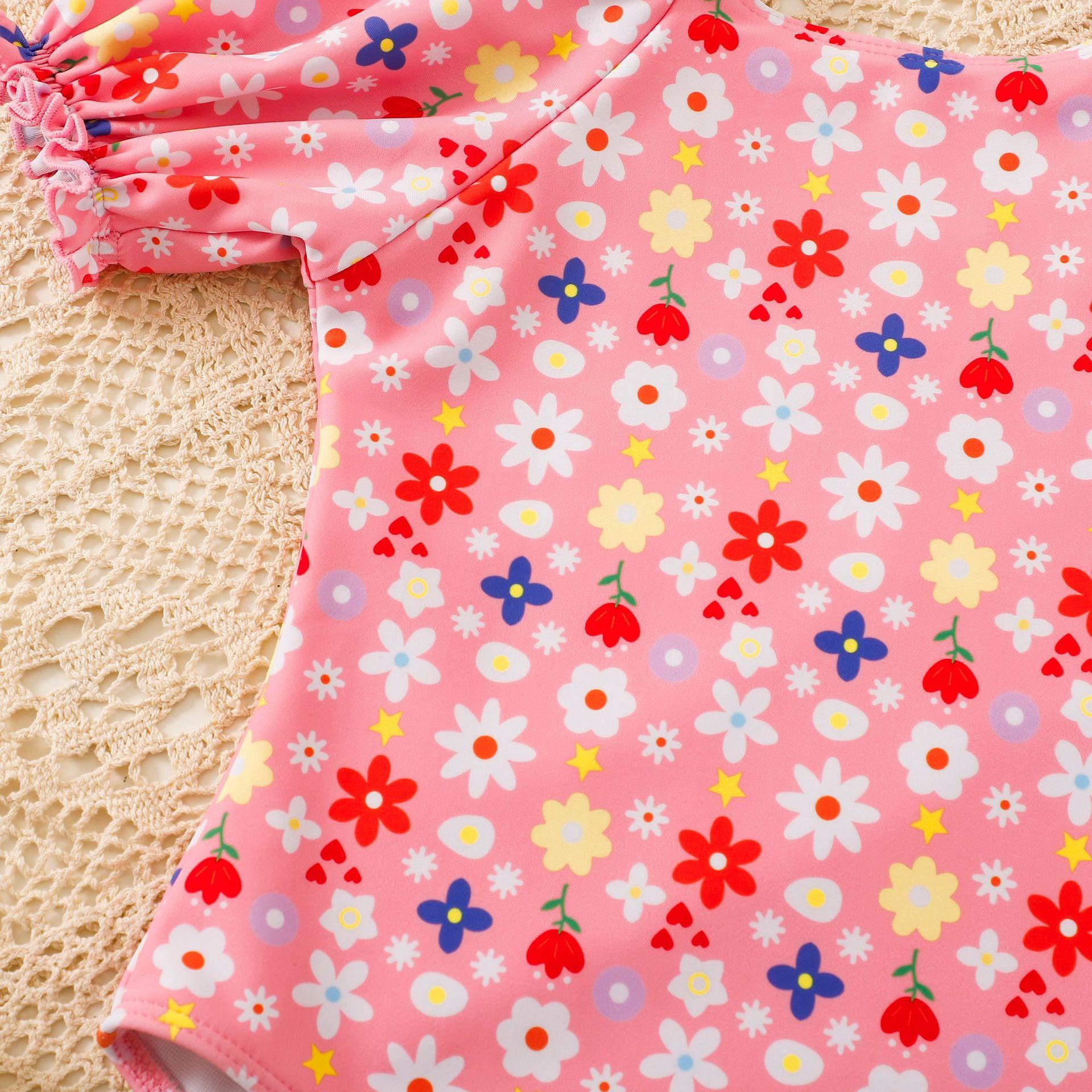(image for) Girls Puff‑Sleeve Floral One‑Piece Swimsuit Kids Cute Printed Bathing Suit 130‑160