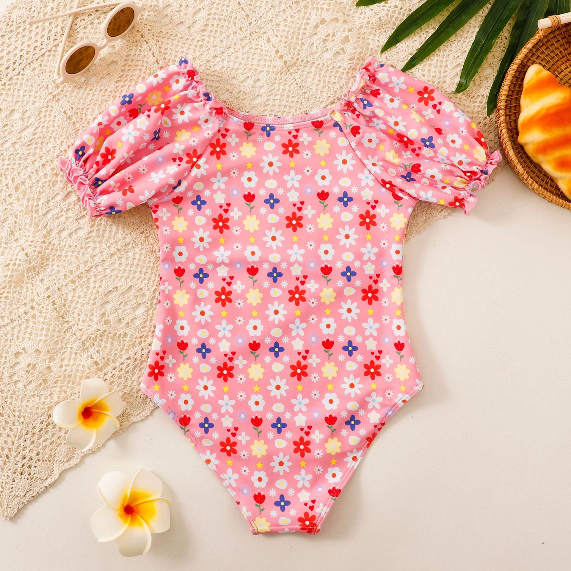 (image for) Girls Puff‑Sleeve Floral One‑Piece Swimsuit Kids Cute Printed Bathing Suit 130‑160