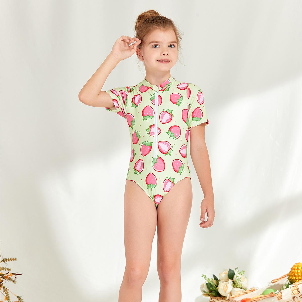 (image for) Girls Short‑Sleeve One‑Piece Rash Guard Swimsuit Strawberry Print Kids Surfing Diving Suit 130‑160