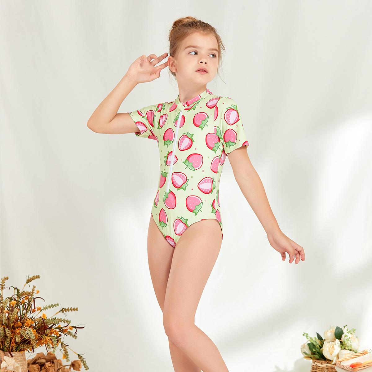 (image for) Girls Short‑Sleeve One‑Piece Rash Guard Swimsuit Strawberry Print Kids Surfing Diving Suit 130‑160