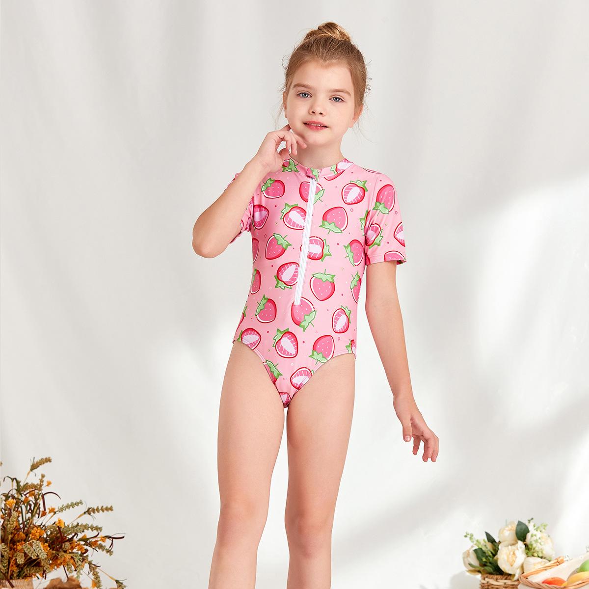 (image for) Girls Short‑Sleeve One‑Piece Rash Guard Swimsuit Strawberry Print Kids Surfing Diving Suit 130‑160
