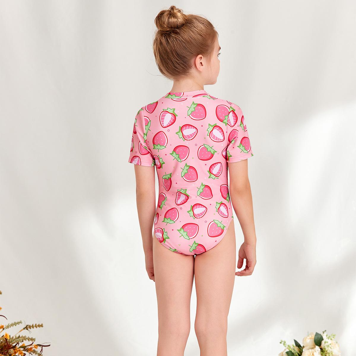 (image for) Girls Short‑Sleeve One‑Piece Rash Guard Swimsuit Strawberry Print Kids Surfing Diving Suit 130‑160