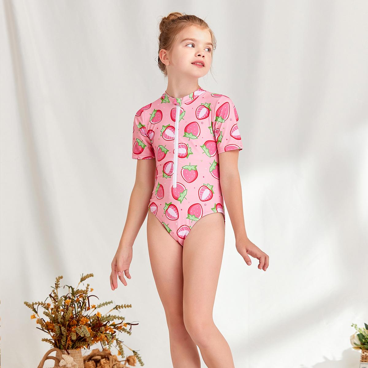 (image for) Girls Short‑Sleeve One‑Piece Rash Guard Swimsuit Strawberry Print Kids Surfing Diving Suit 130‑160