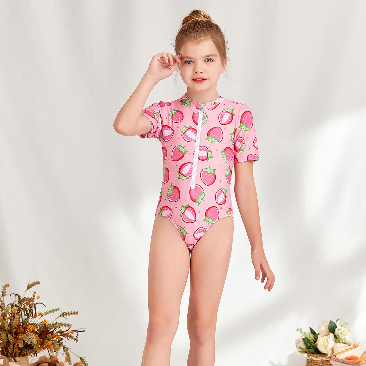 (image for) Girls Short‑Sleeve One‑Piece Rash Guard Swimsuit Strawberry Print Kids Surfing Diving Suit 130‑160