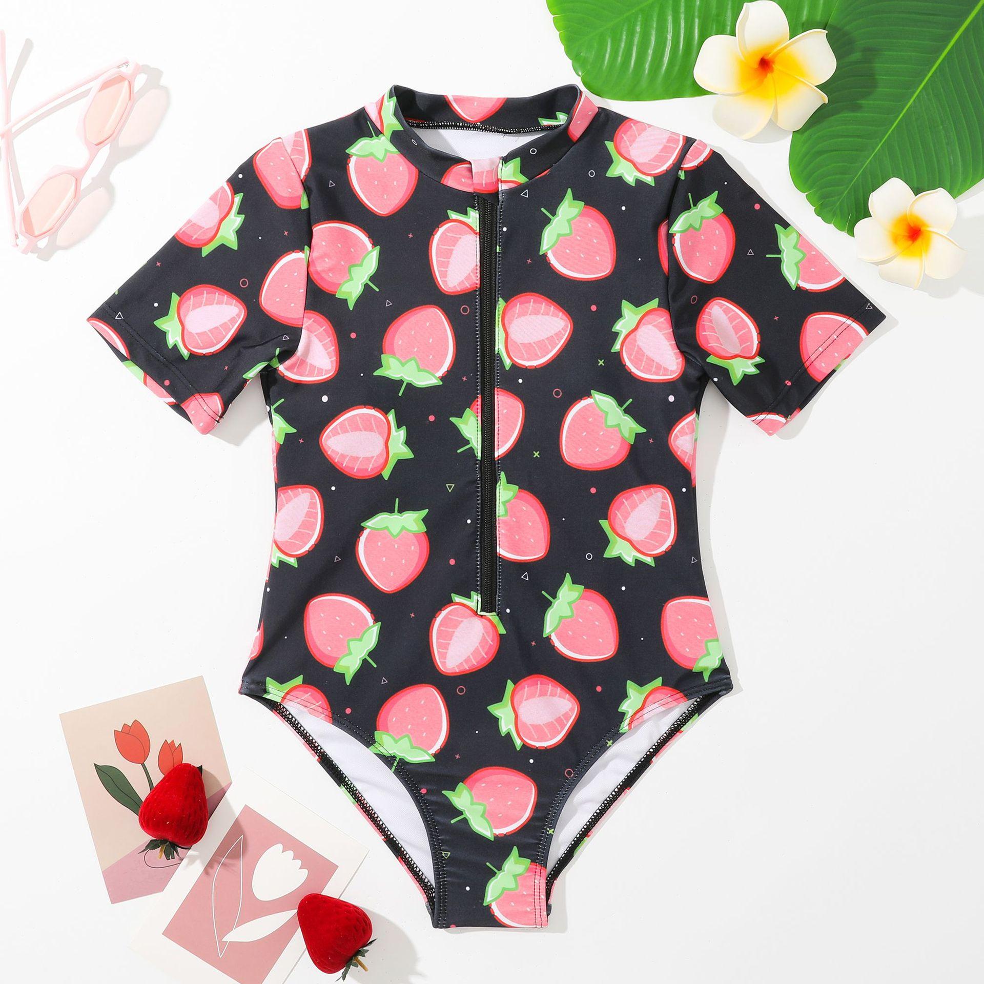 (image for) Girls Short‑Sleeve One‑Piece Rash Guard Swimsuit Strawberry Print Kids Surfing Diving Suit 130‑160