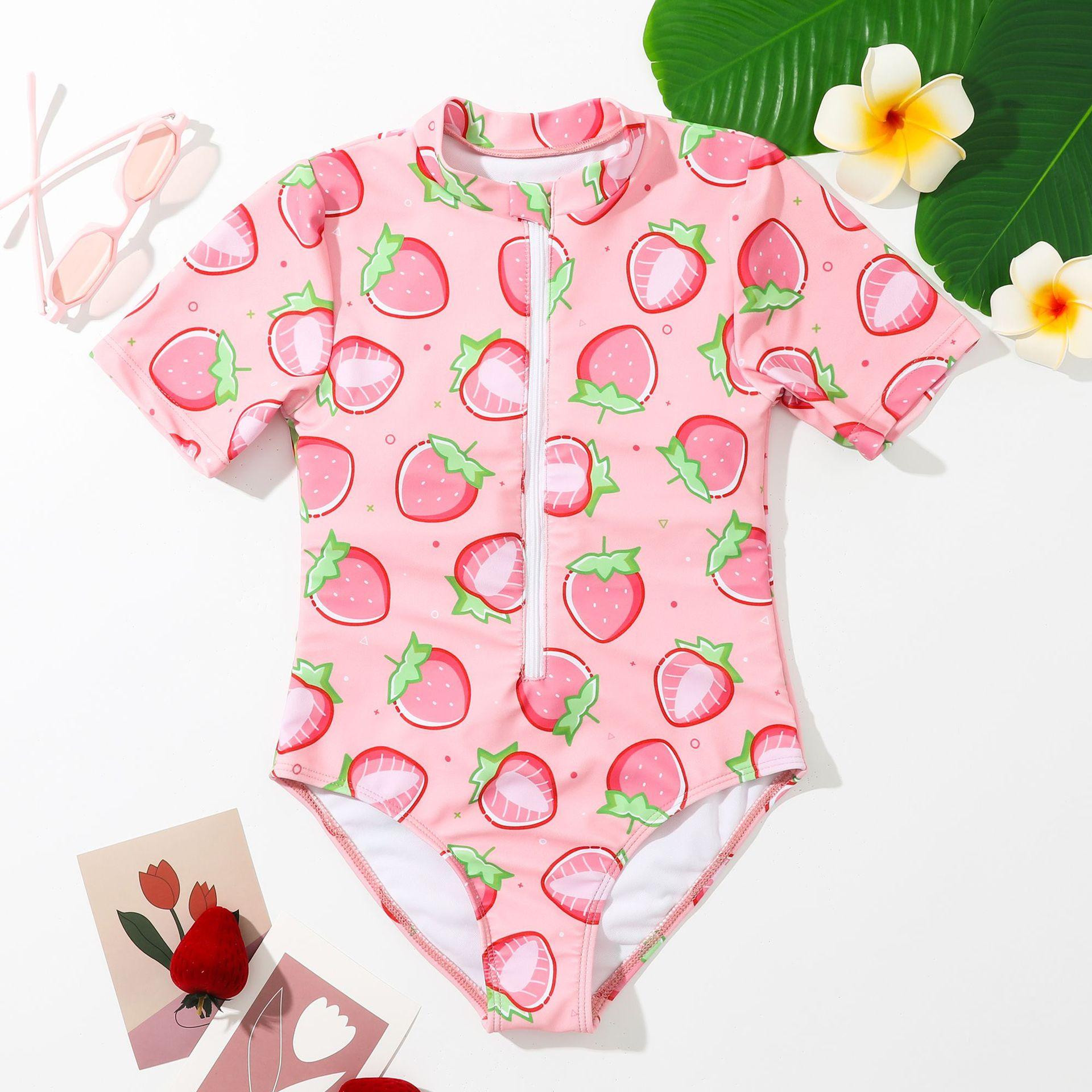 (image for) Girls Short‑Sleeve One‑Piece Rash Guard Swimsuit Strawberry Print Kids Surfing Diving Suit 130‑160