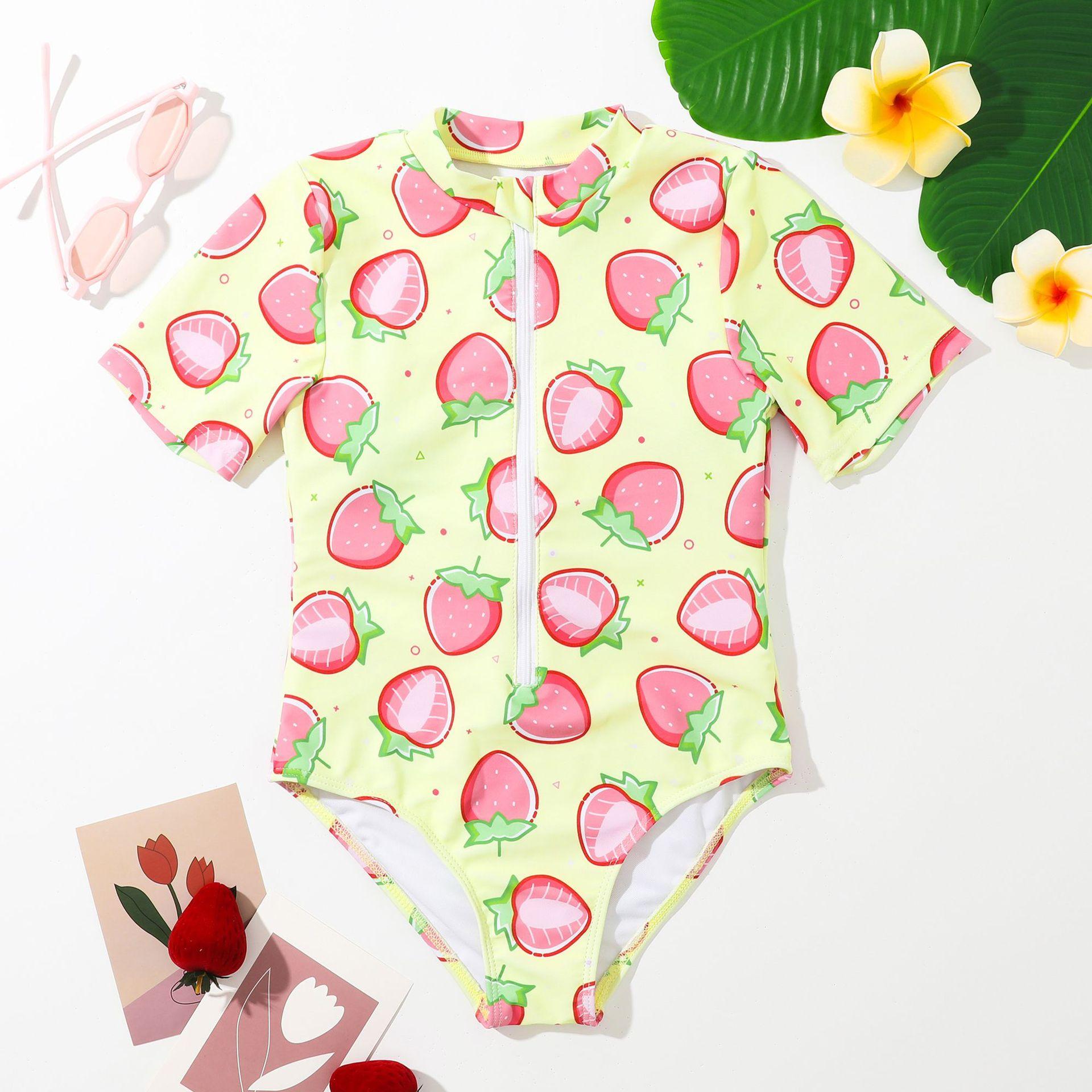 (image for) Girls Short‑Sleeve One‑Piece Rash Guard Swimsuit Strawberry Print Kids Surfing Diving Suit 130‑160