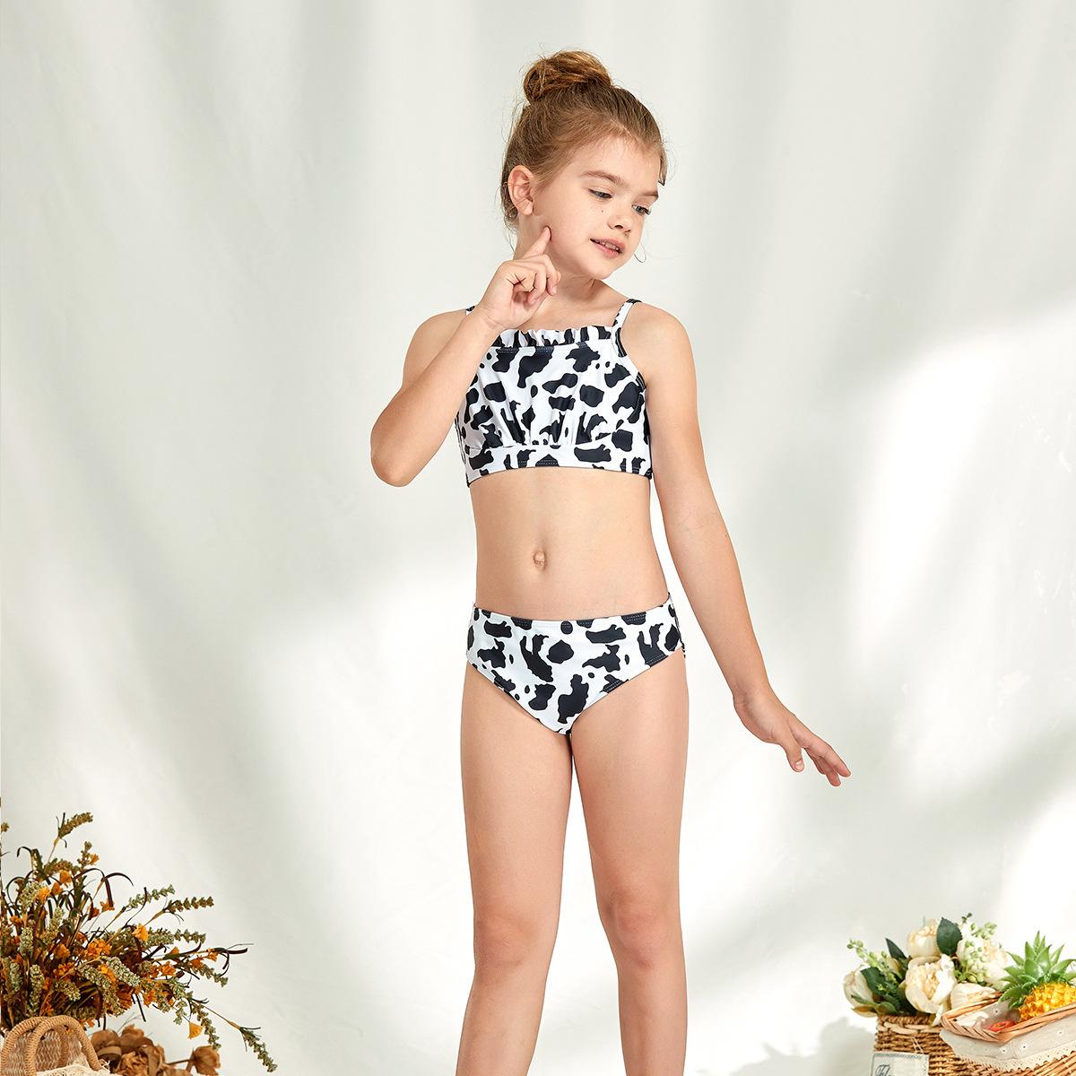 Girls Cow‑Print Bandeau Two‑Piece Bikini Swimsuit Sleeveless Cami Kids Bathing Suit 130‑160