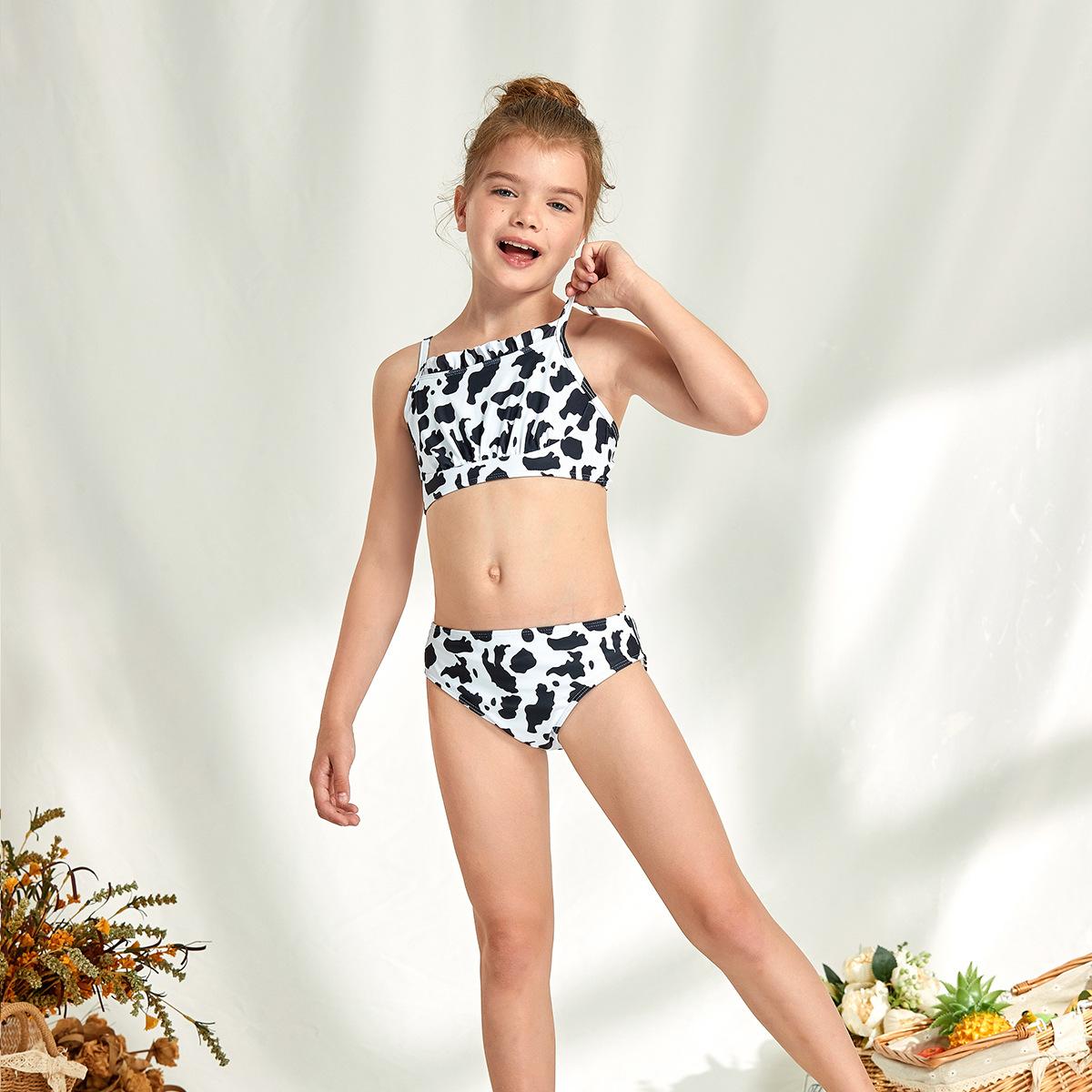 (image for) Girls Cow‑Print Bandeau Two‑Piece Bikini Swimsuit Sleeveless Cami Kids Bathing Suit 130‑160